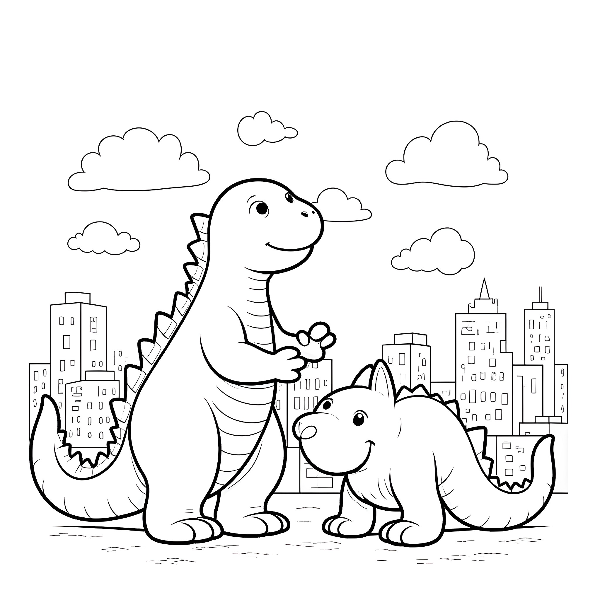 Godzilla and dinosaurs exploring the city Coloring Page (free black-and-white line drawing printable PDF for all, from beginners to advanced learners, including children, teens, adults, and seniors)