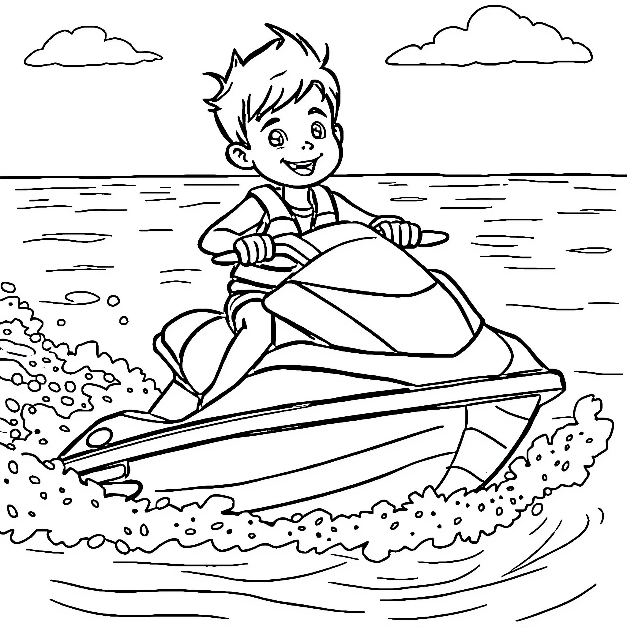 Boy riding a jet ski on the water Coloring Page (free black-and-white line drawing printable PDF for all, from beginners to advanced learners, including children, teens, adults, and seniors)