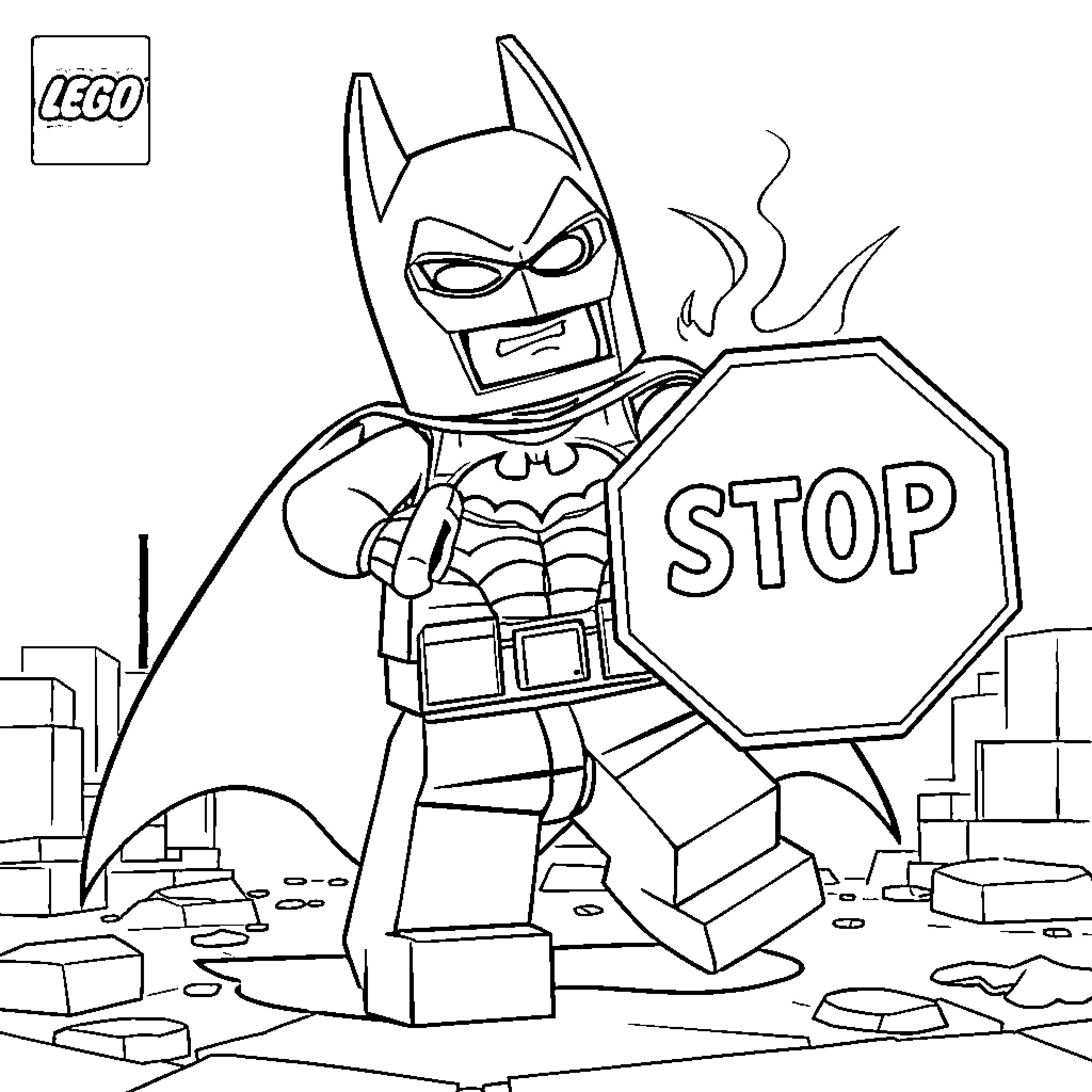 Lego Batman stopping the crime in the city Coloring Page (free black-and-white line drawing printable PDF for all, from beginners to advanced learners, including children, teens, adults, and seniors)
