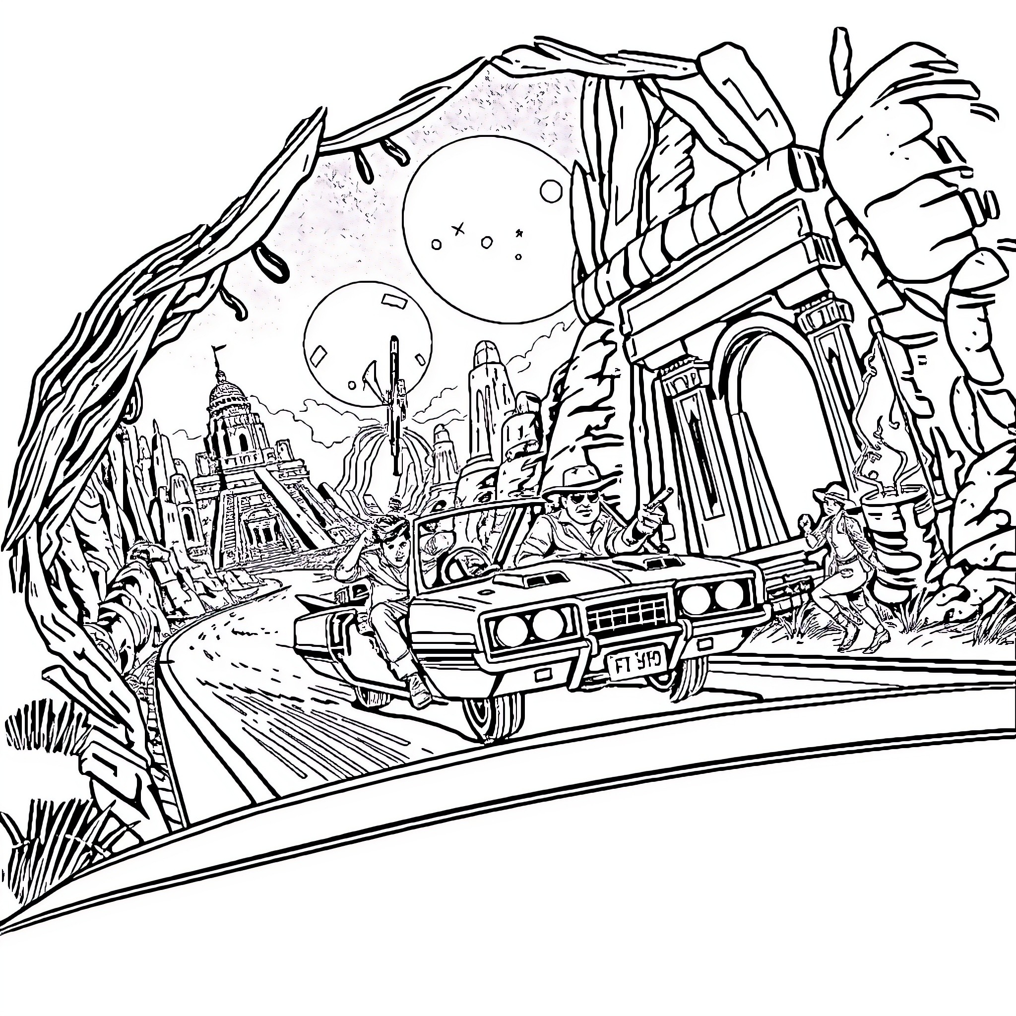 Smokey's Futuristic Adventure in Alien Metropolis Coloring Page (free black-and-white line drawing printable PDF for all, from beginners to advanced learners, including children, teens, adults, and seniors)