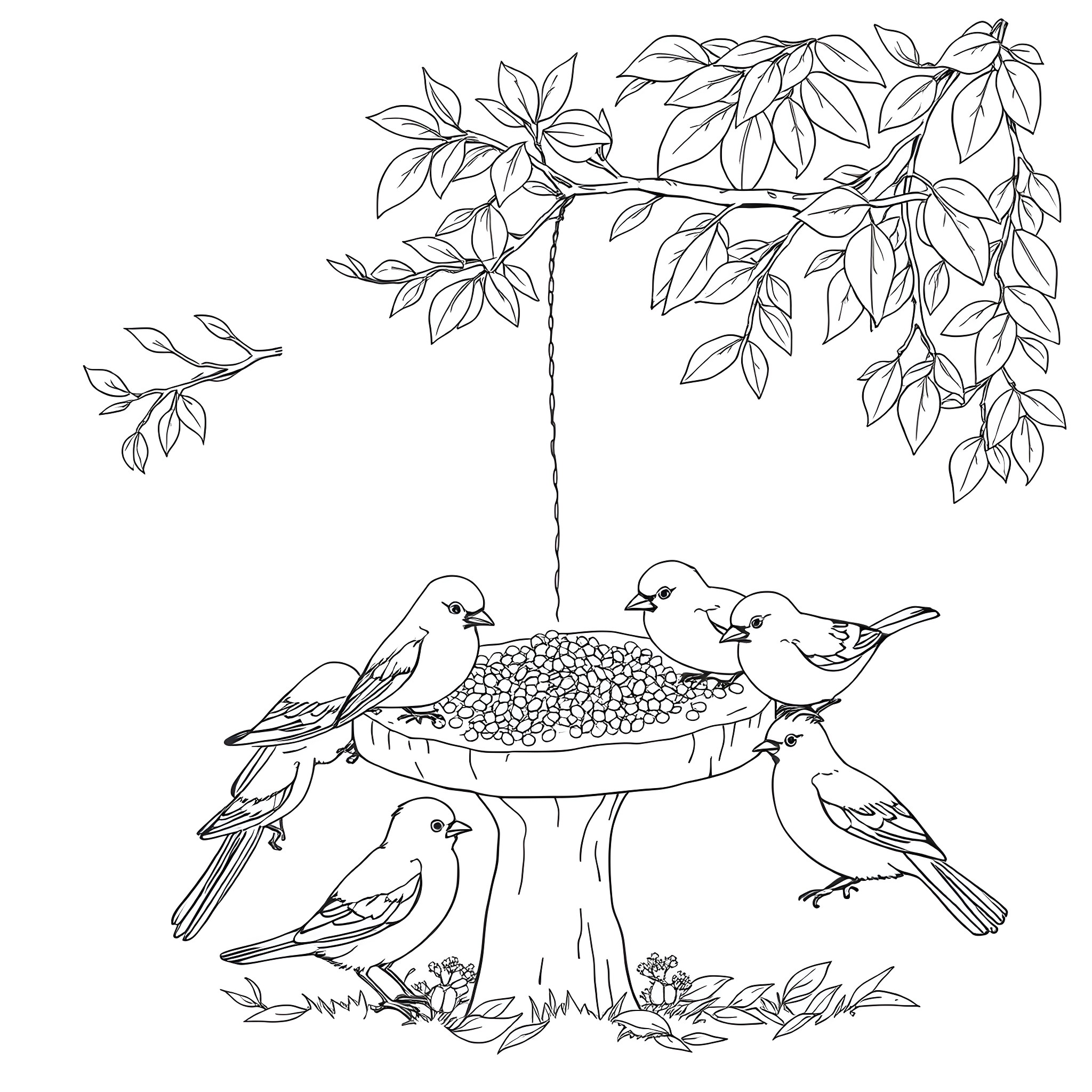 Bird feeding time at the birdfeeder under a tree Coloring Page (free black-and-white line drawing printable PDF for all, from beginners to advanced learners, including children, teens, adults, and seniors)
