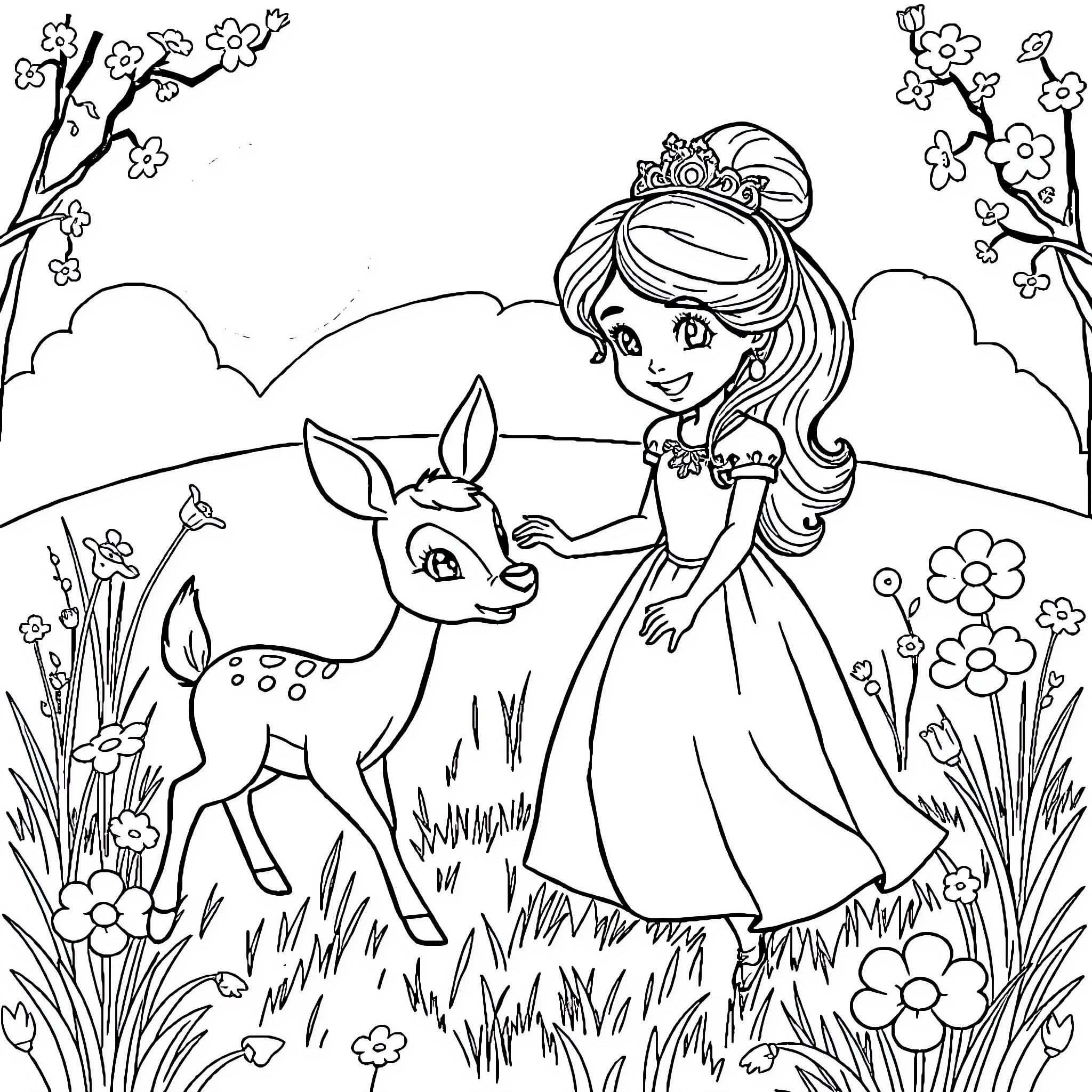 Princess Enjoys Nature with Deer Coloring Page (free black-and-white line drawing printable PDF for all, from beginners to advanced learners, including children, teens, adults, and seniors)
