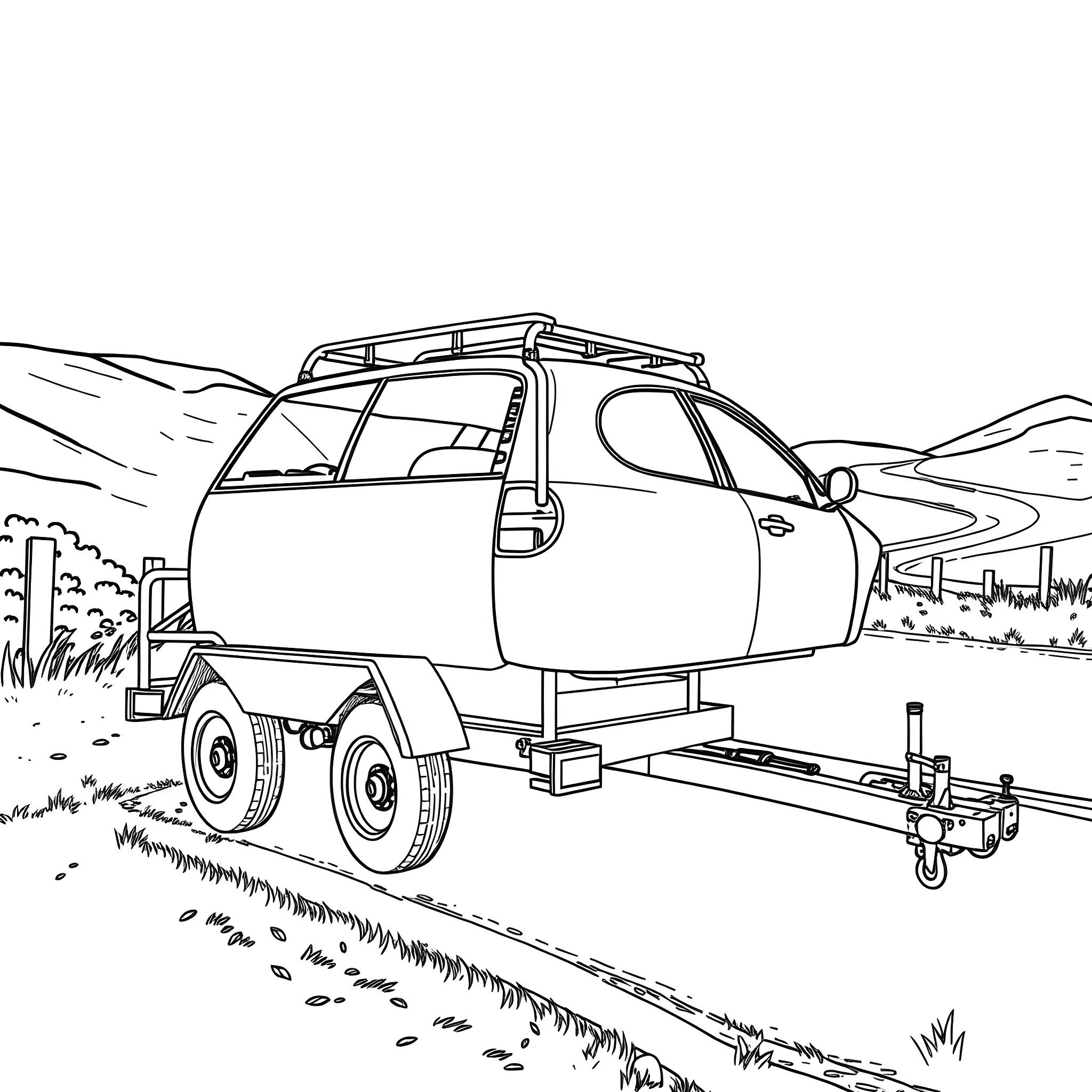 Car Trailer Transporting Vehicle on Mountain Road Coloring Page (free black-and-white line drawing printable PDF for all, from beginners to advanced learners, including children, teens, adults, and seniors)