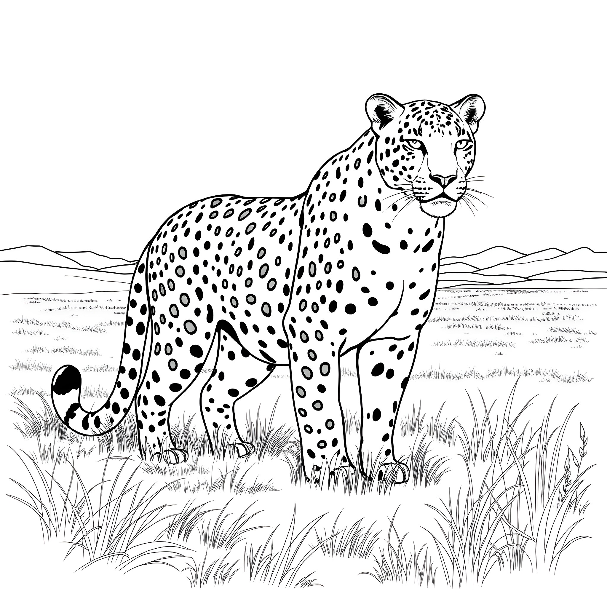 Leopard roaming in the grasslands Coloring Page (free black-and-white line drawing printable PDF for all, from beginners to advanced learners, including children, teens, adults, and seniors)