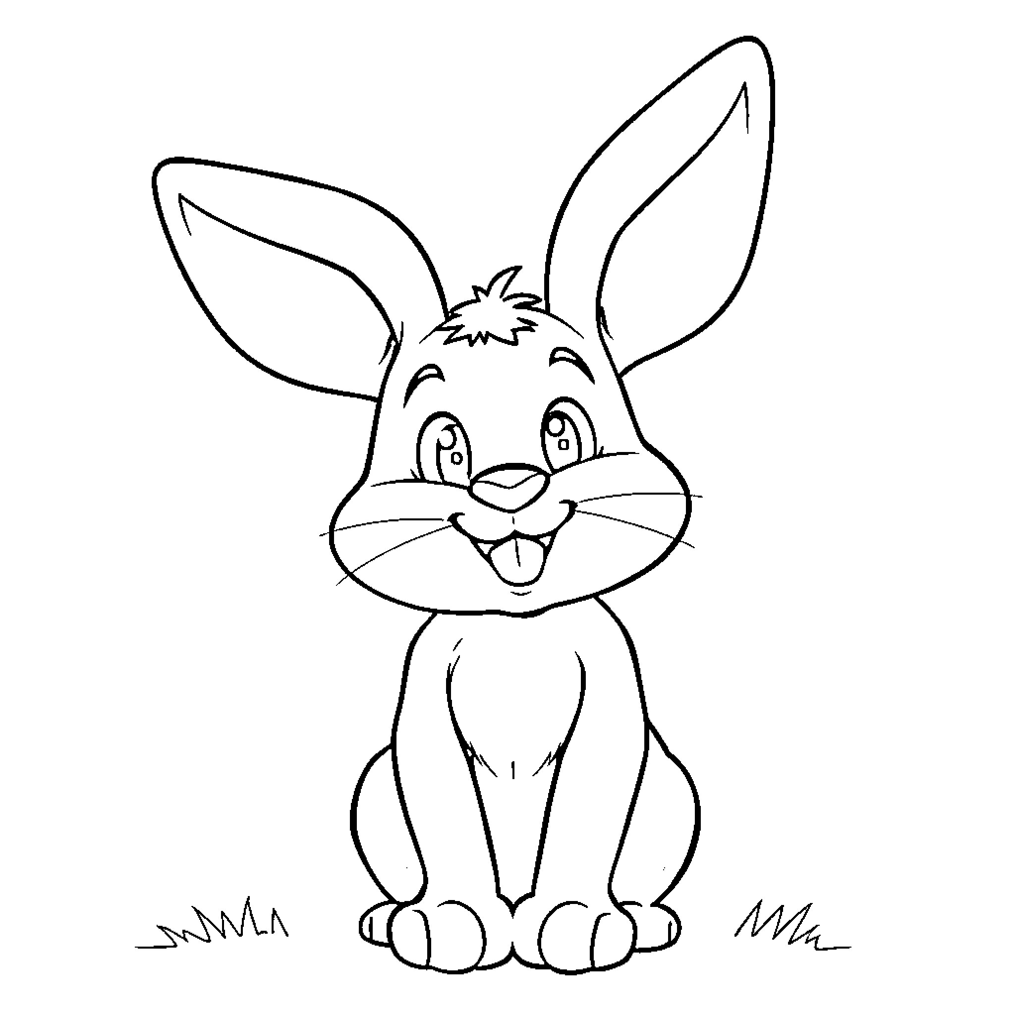 Bunny smiling joyfully in black and white Coloring Page (free black-and-white line drawing printable PDF for all, from beginners to advanced learners, including children, teens, adults, and seniors)