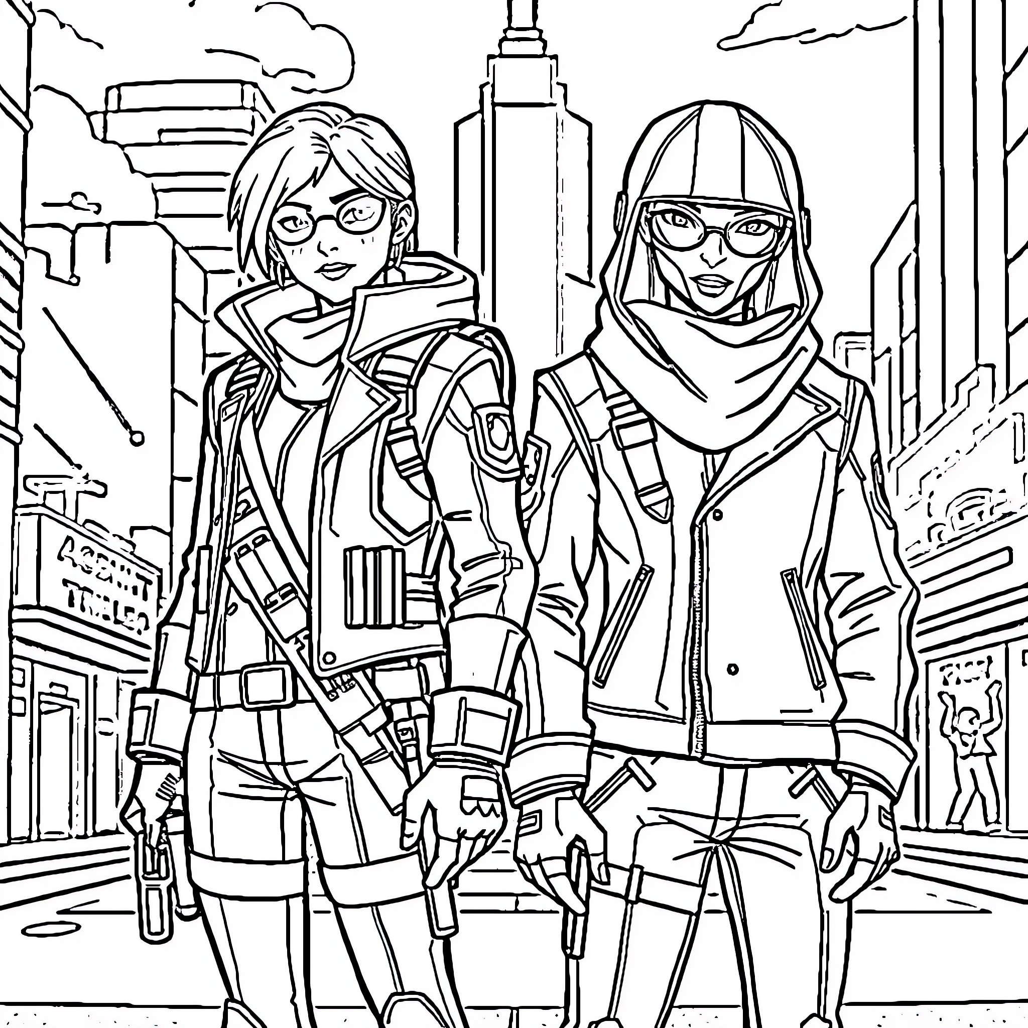 Sage and Jett Explore the City Streets Coloring Page (free black-and-white line drawing printable PDF for all, from beginners to advanced learners, including children, teens, adults, and seniors)