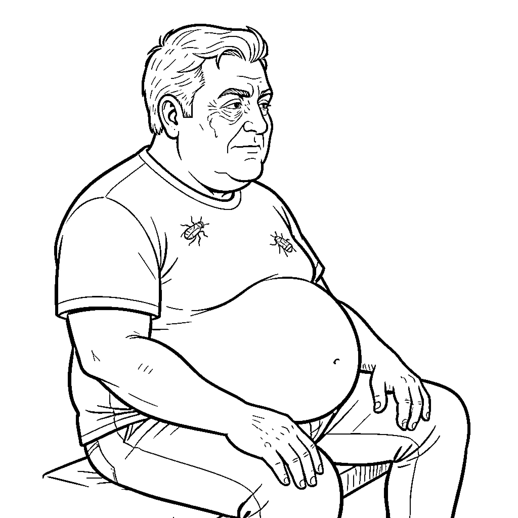 Hombre with tattoos seated in contemplation Coloring Page (free black-and-white line drawing printable PDF for all, from beginners to advanced learners, including children, teens, adults, and seniors)