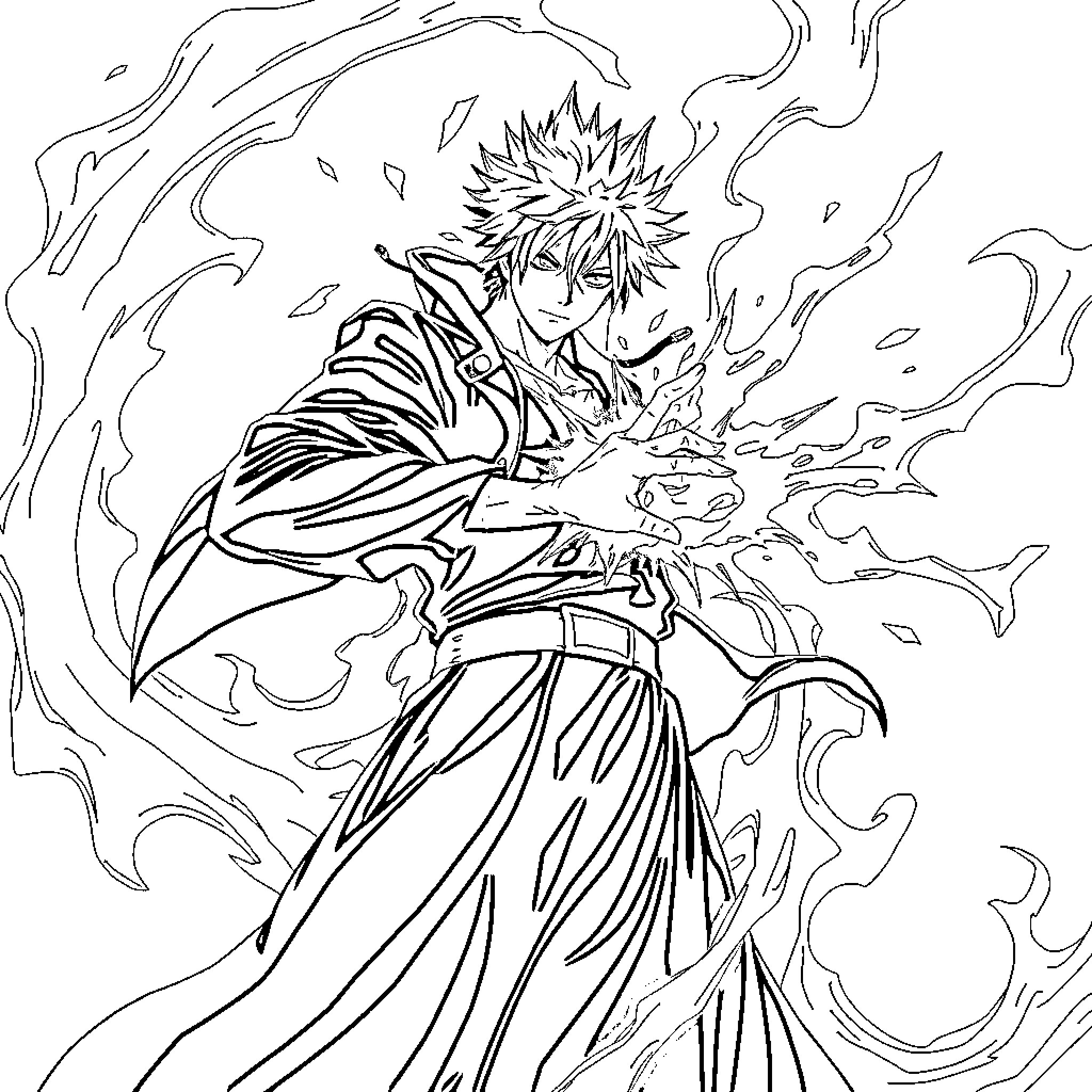 Ichigo Kurosaki in Intense Spiritual Battle Coloring Page (free black-and-white line drawing printable PDF for all, from beginners to advanced learners, including children, teens, adults, and seniors)
