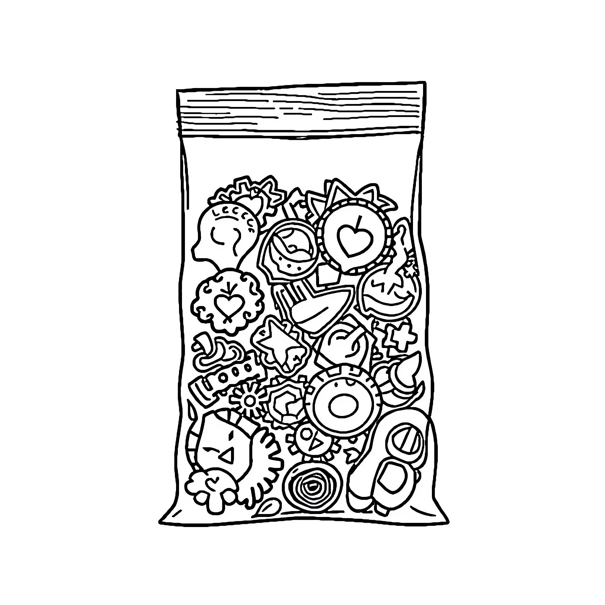 Bag of Playful Doodles Coloring Page (free black-and-white line drawing printable PDF for all, from beginners to advanced learners, including children, teens, adults, and seniors)