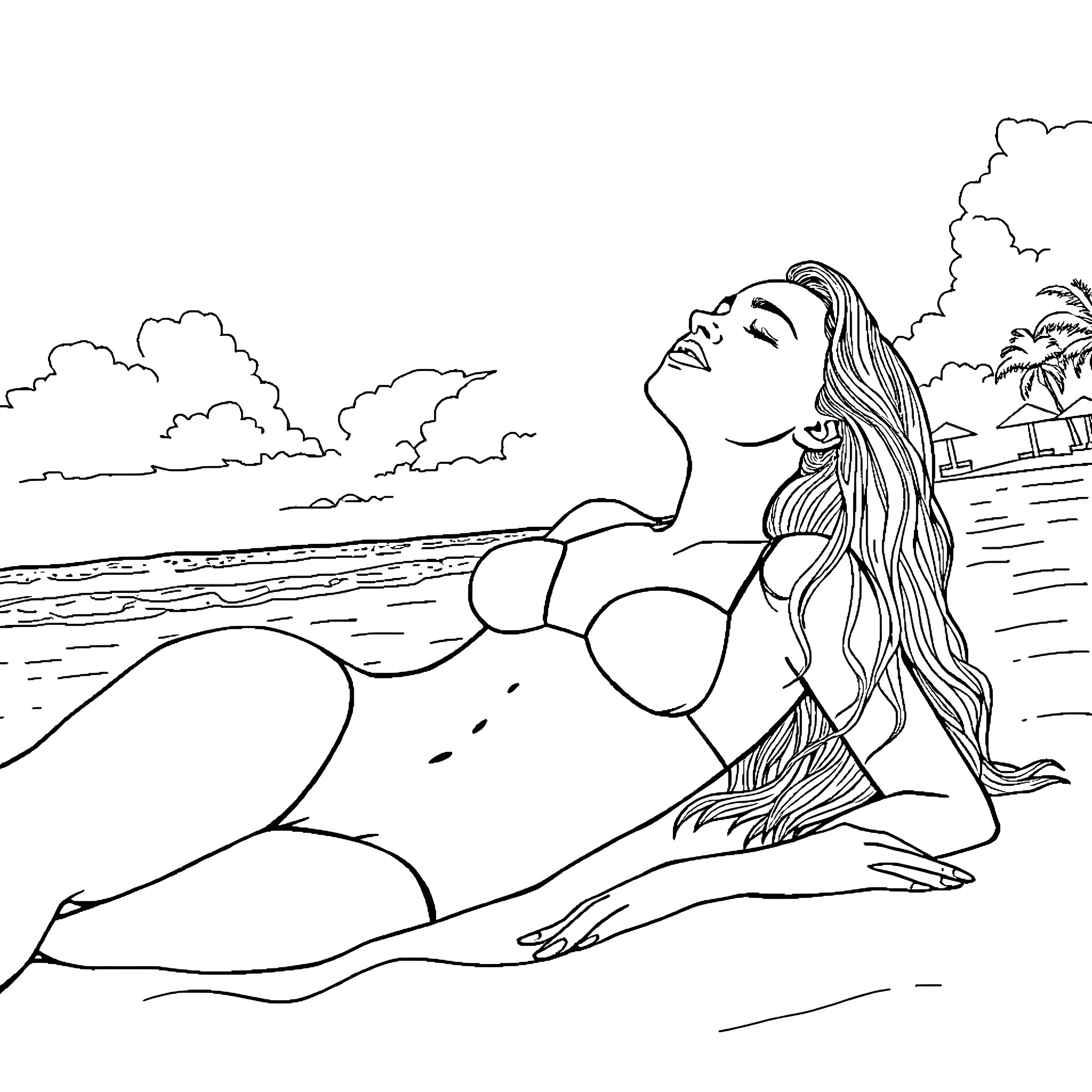 Woman relaxing peacefully on the beach Coloring Page (free black-and-white line drawing printable PDF for all, from beginners to advanced learners, including children, teens, adults, and seniors)