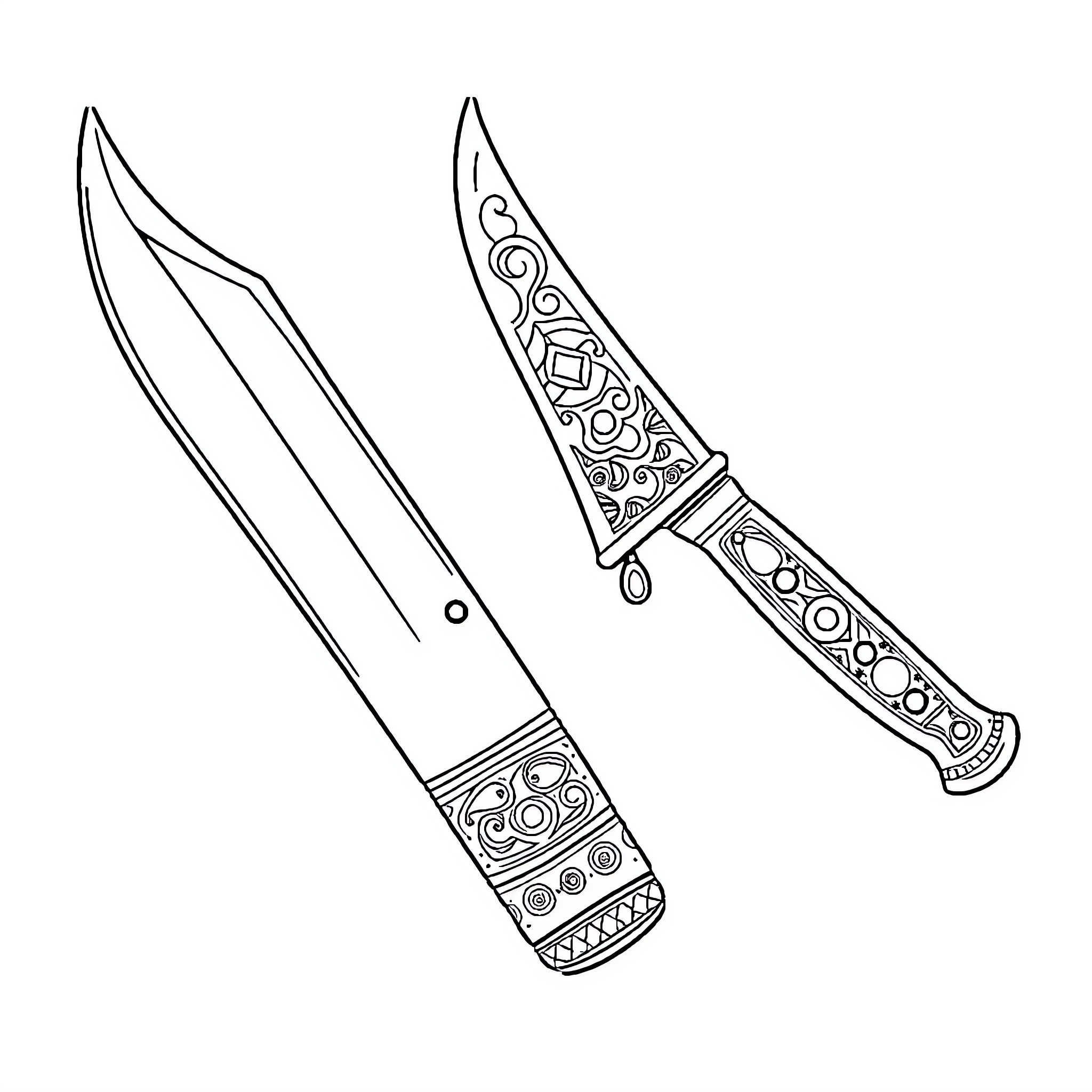 Tumi: Ornate Blades with Intricate Designs Coloring Page (free black-and-white line drawing printable PDF for all, from beginners to advanced learners, including children, teens, adults, and seniors)
