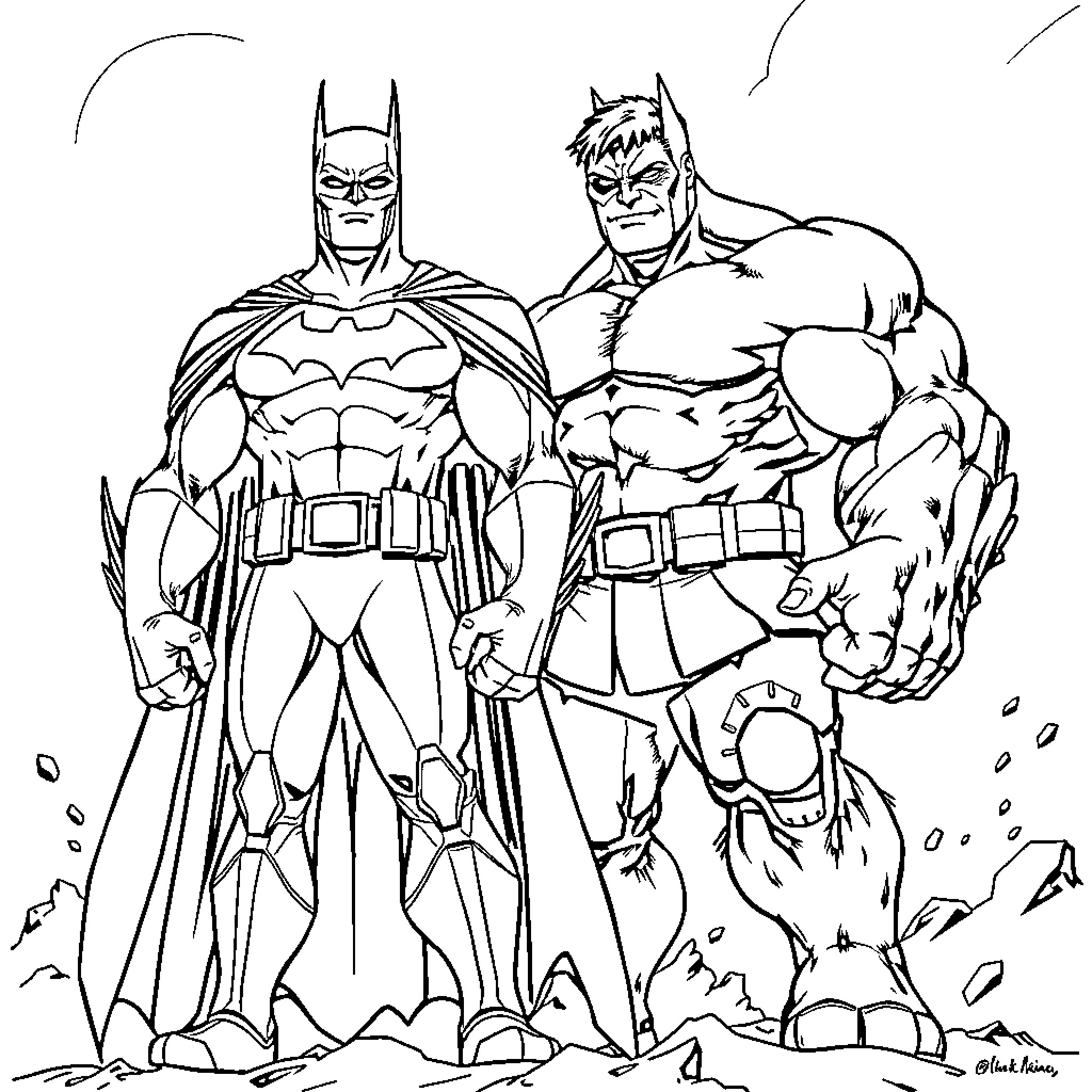Batman and Muscular Superhero in Action Coloring Page (free black-and-white line drawing printable PDF for all, from beginners to advanced learners, including children, teens, adults, and seniors)