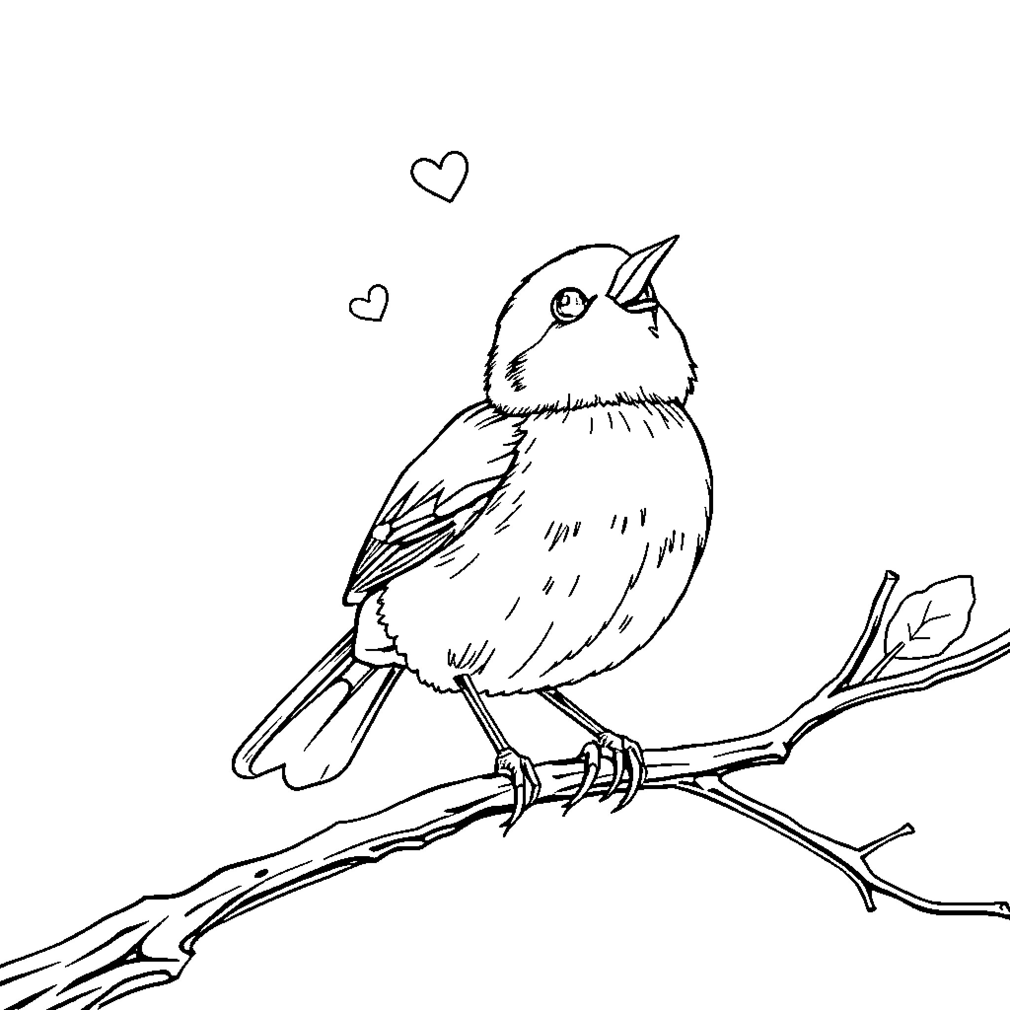 Tweety Bird perched on a branch with hearts Coloring Page (free black-and-white line drawing printable PDF for all, from beginners to advanced learners, including children, teens, adults, and seniors)
