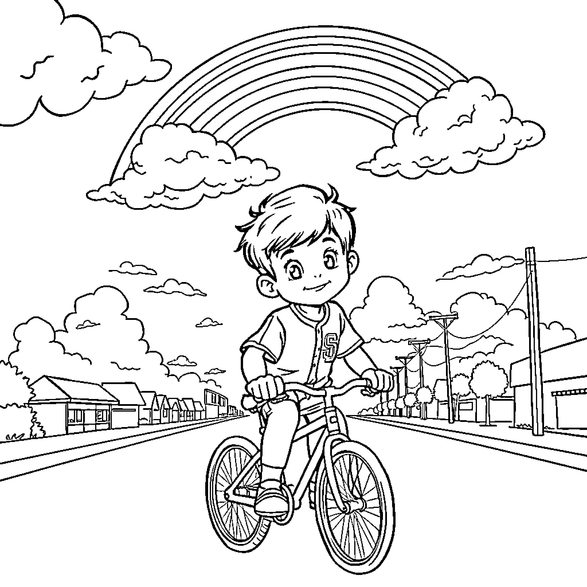 Boy riding bicycle on city street with rainbow Coloring Page (free black-and-white line drawing printable PDF for all, from beginners to advanced learners, including children, teens, adults, and seniors)