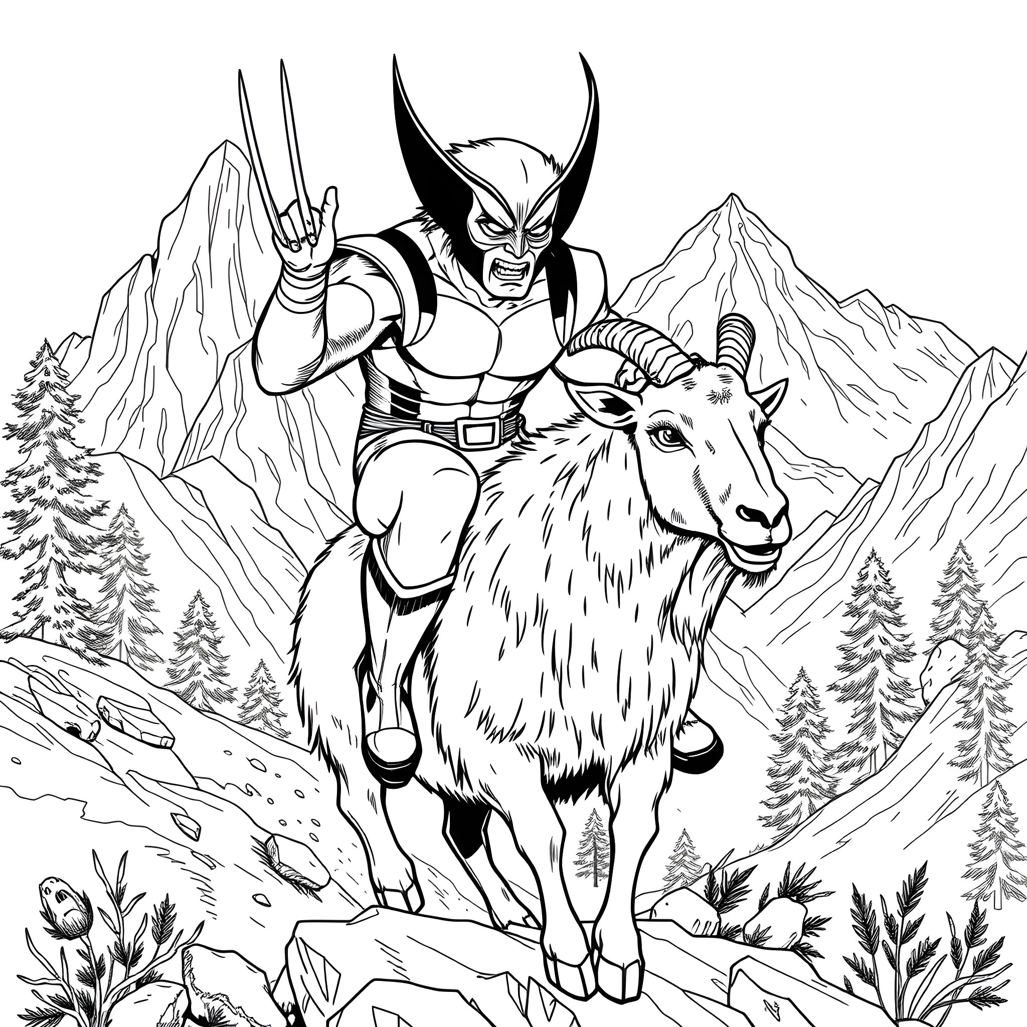 Wolverine riding a majestic mountain goat in a rugged landscape Coloring Page (free black-and-white line drawing printable PDF for all, from beginners to advanced learners, including children, teens, adults, and seniors)