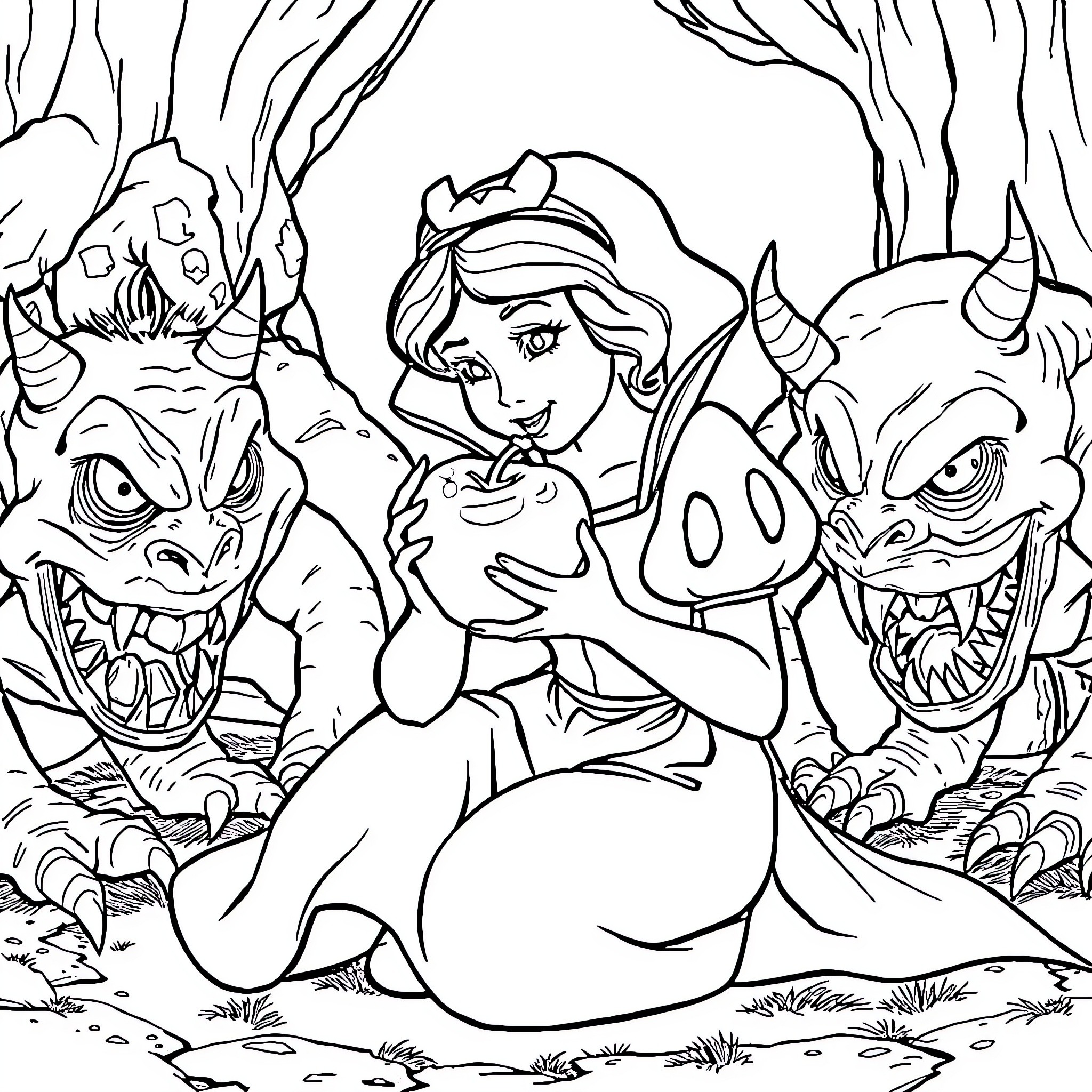 Snow White confronted by fearsome creatures in the forest Coloring Page (free black-and-white line drawing printable PDF for all, from beginners to advanced learners, including children, teens, adults, and seniors)