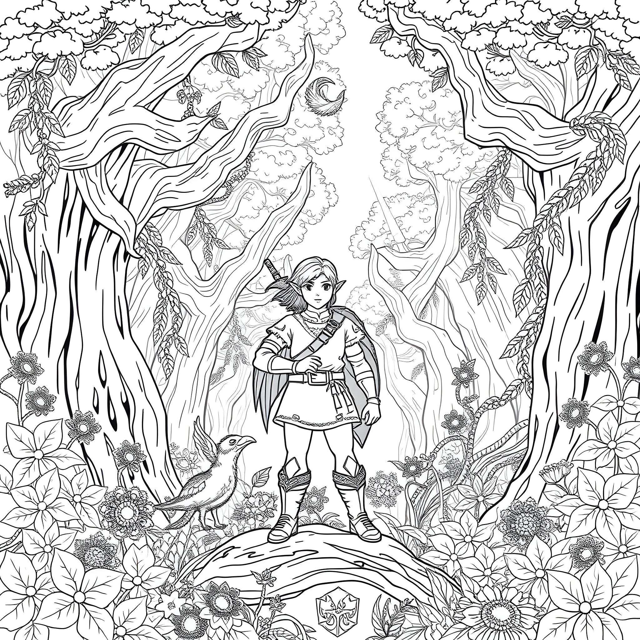 Link explores the enchanted forest Coloring Page (free black-and-white line drawing printable PDF for all, from beginners to advanced learners, including children, teens, adults, and seniors)