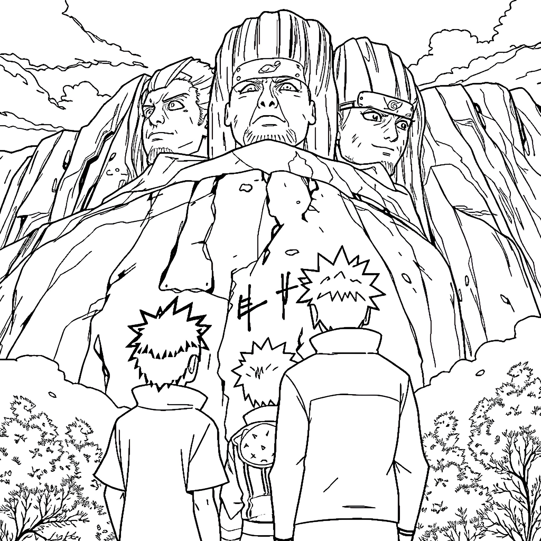 Killua and friends in an epic mountain scene Coloring Page (free black-and-white line drawing printable PDF for all, from beginners to advanced learners, including children, teens, adults, and seniors)