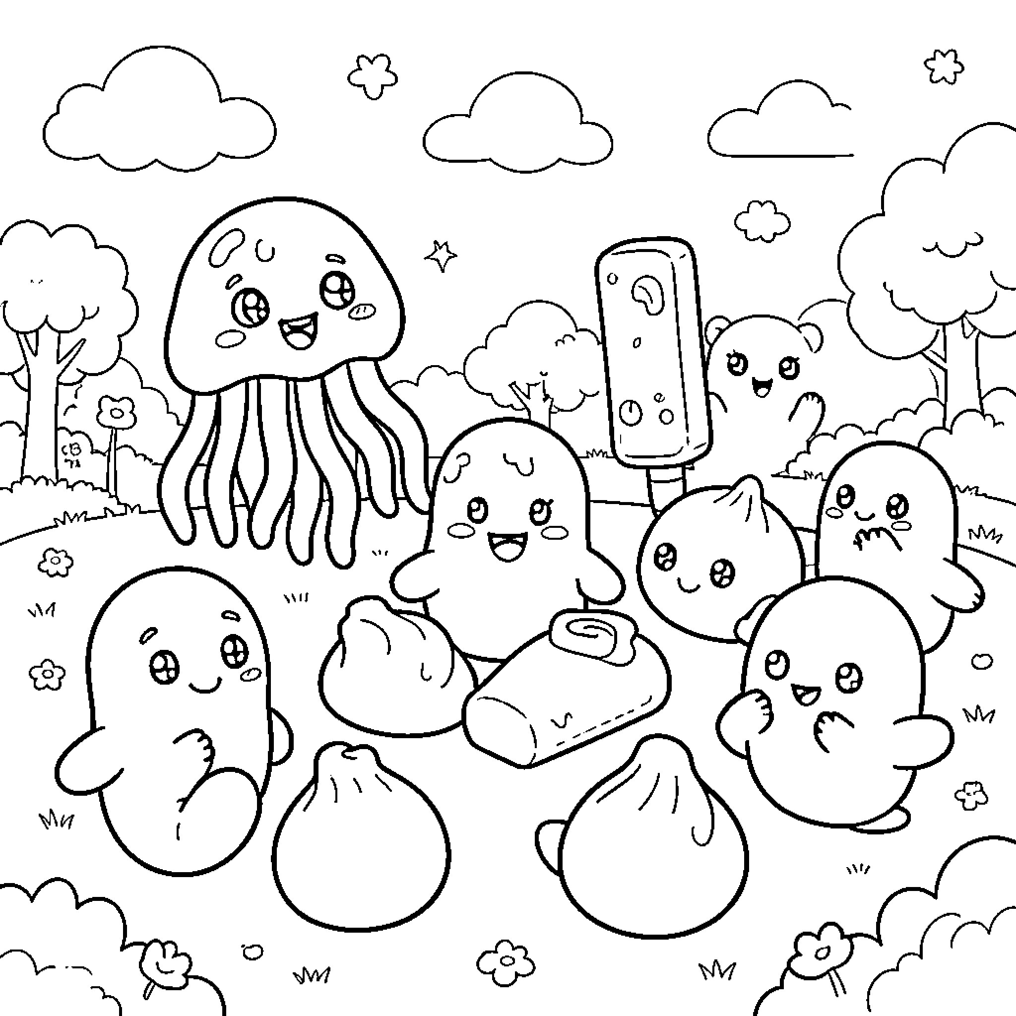 Squishy Toy characters celebrating a picnic in the park Coloring Page (free black-and-white line drawing printable PDF for all, from beginners to advanced learners, including children, teens, adults, and seniors)