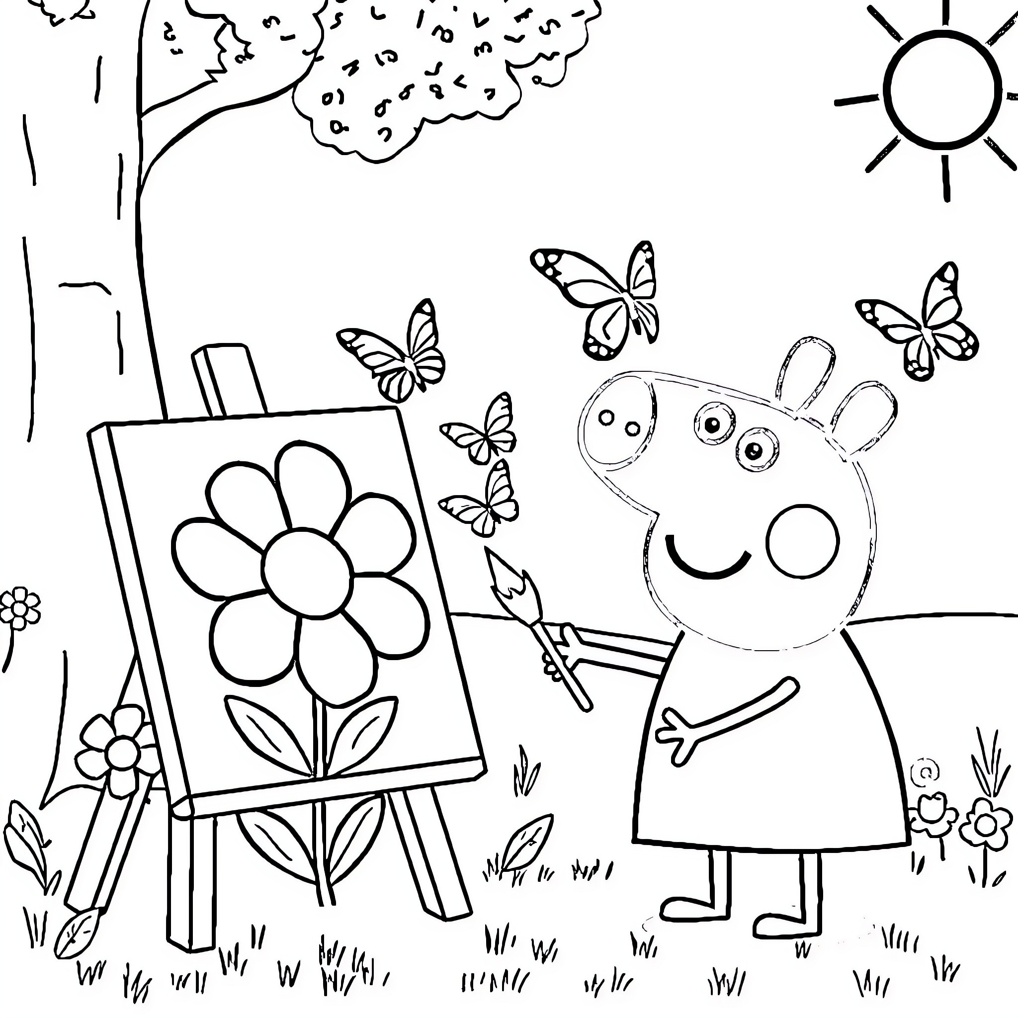 Peppa Pig painting a flower in the park Coloring Page (free black-and-white line drawing printable PDF for all, from beginners to advanced learners, including children, teens, adults, and seniors)