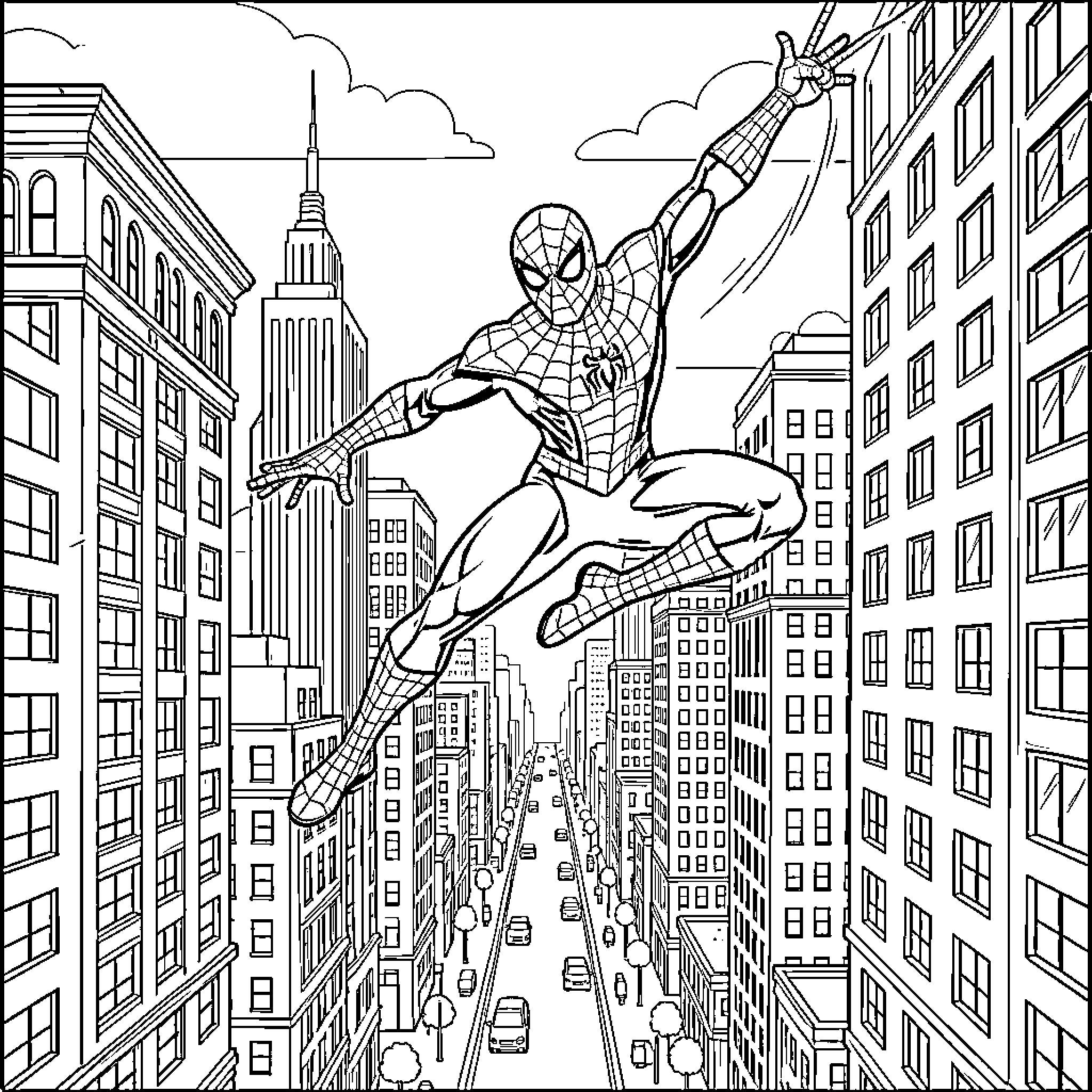 Spiderman swinging through a busy city skyline Coloring Page (free black-and-white line drawing printable PDF for all, from beginners to advanced learners, including children, teens, adults, and seniors)