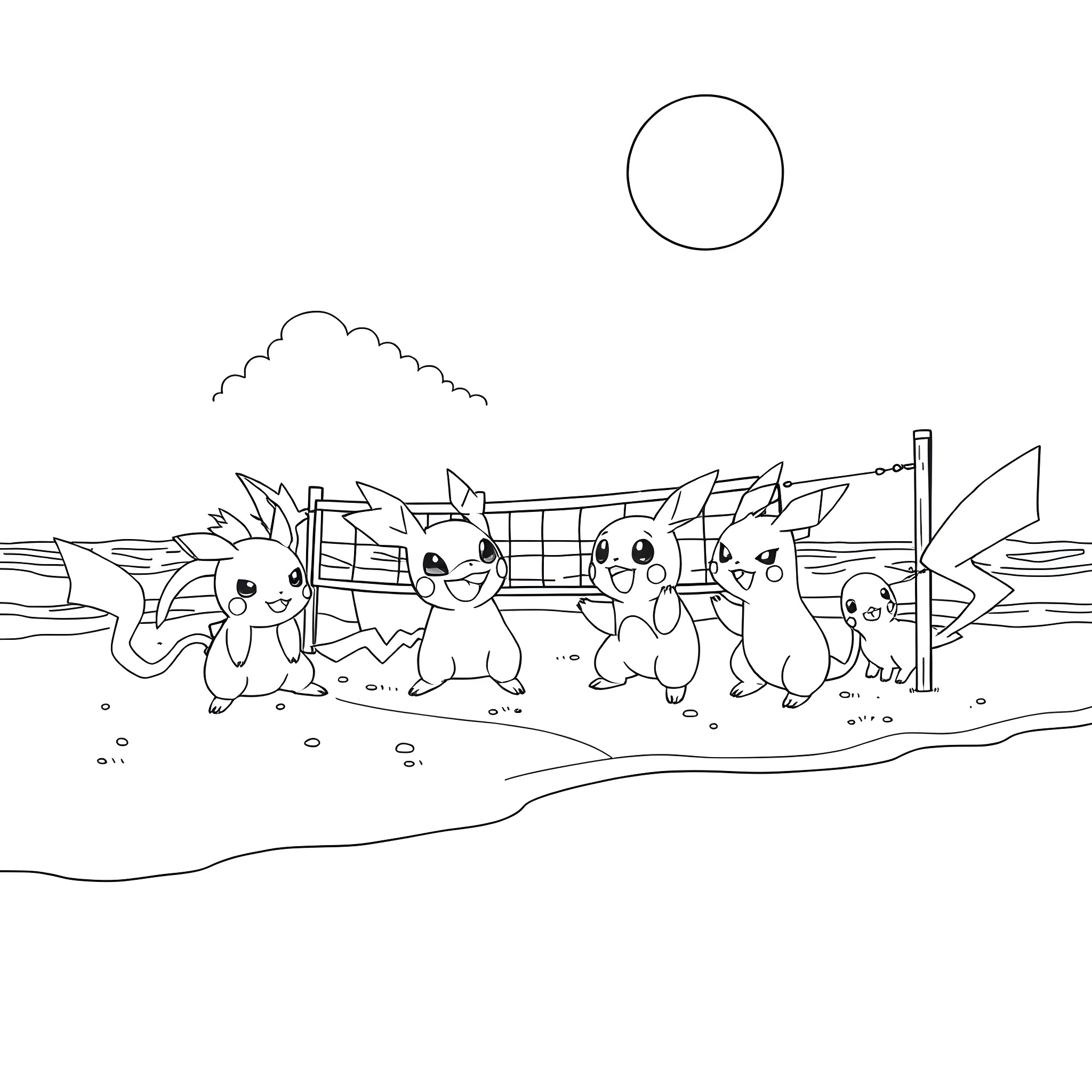 Pokémon characters playing on the beach Coloring Page (free black-and-white line drawing printable PDF for all, from beginners to advanced learners, including children, teens, adults, and seniors)