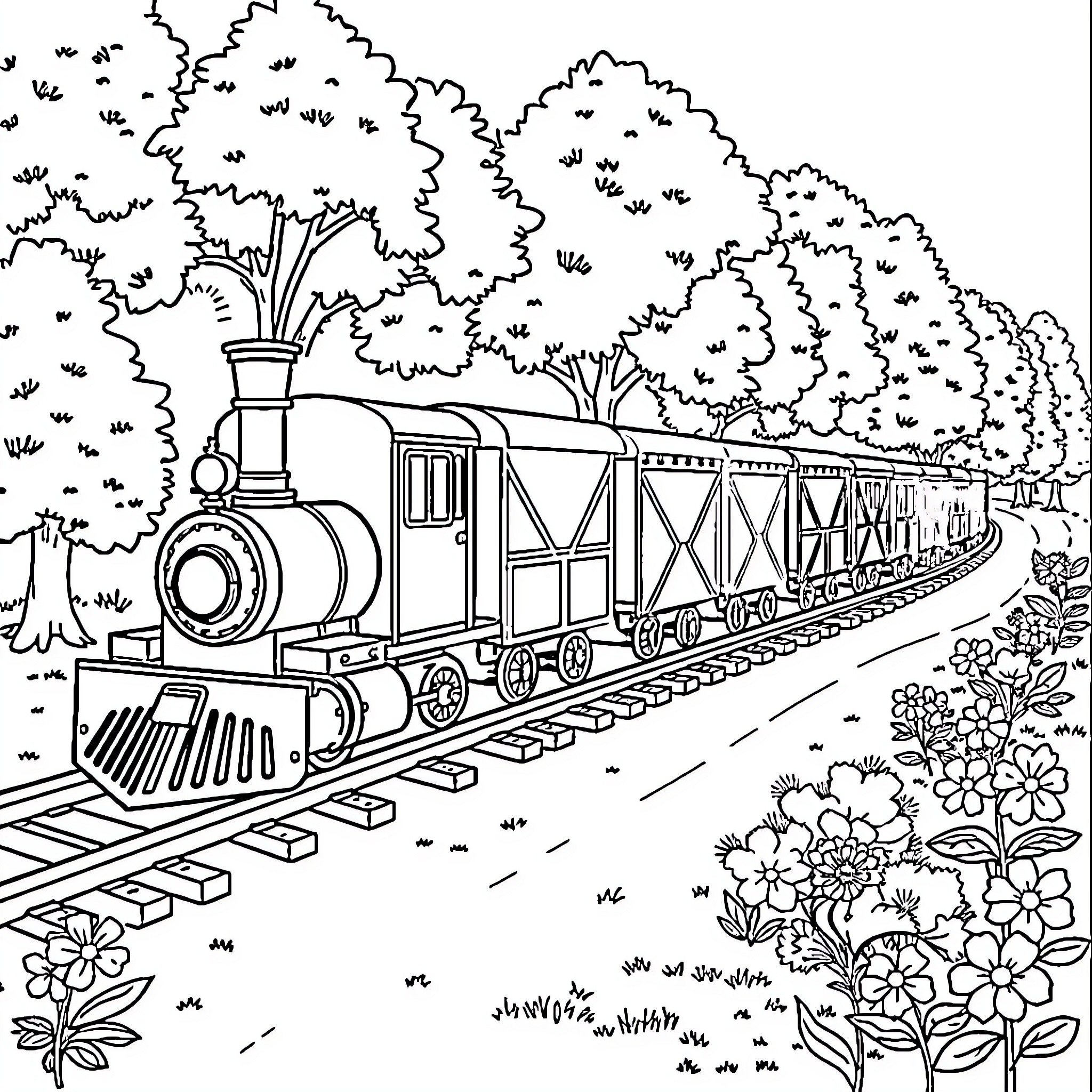 Train chugging through lush nature landscape Coloring Page (free black-and-white line drawing printable PDF for all, from beginners to advanced learners, including children, teens, adults, and seniors)