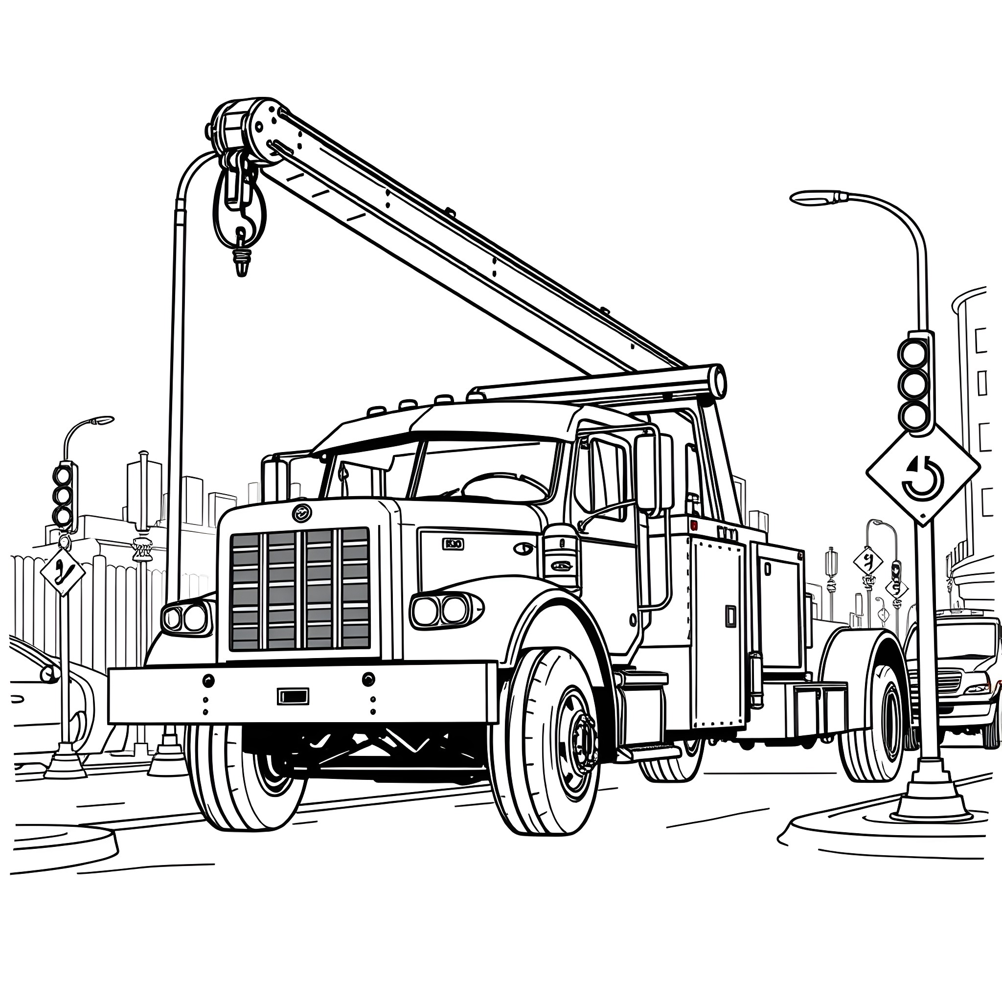 Tow Truck Assisting Stranded Vehicle on City Street Coloring Page (free black-and-white line drawing printable PDF for all, from beginners to advanced learners, including children, teens, adults, and seniors)