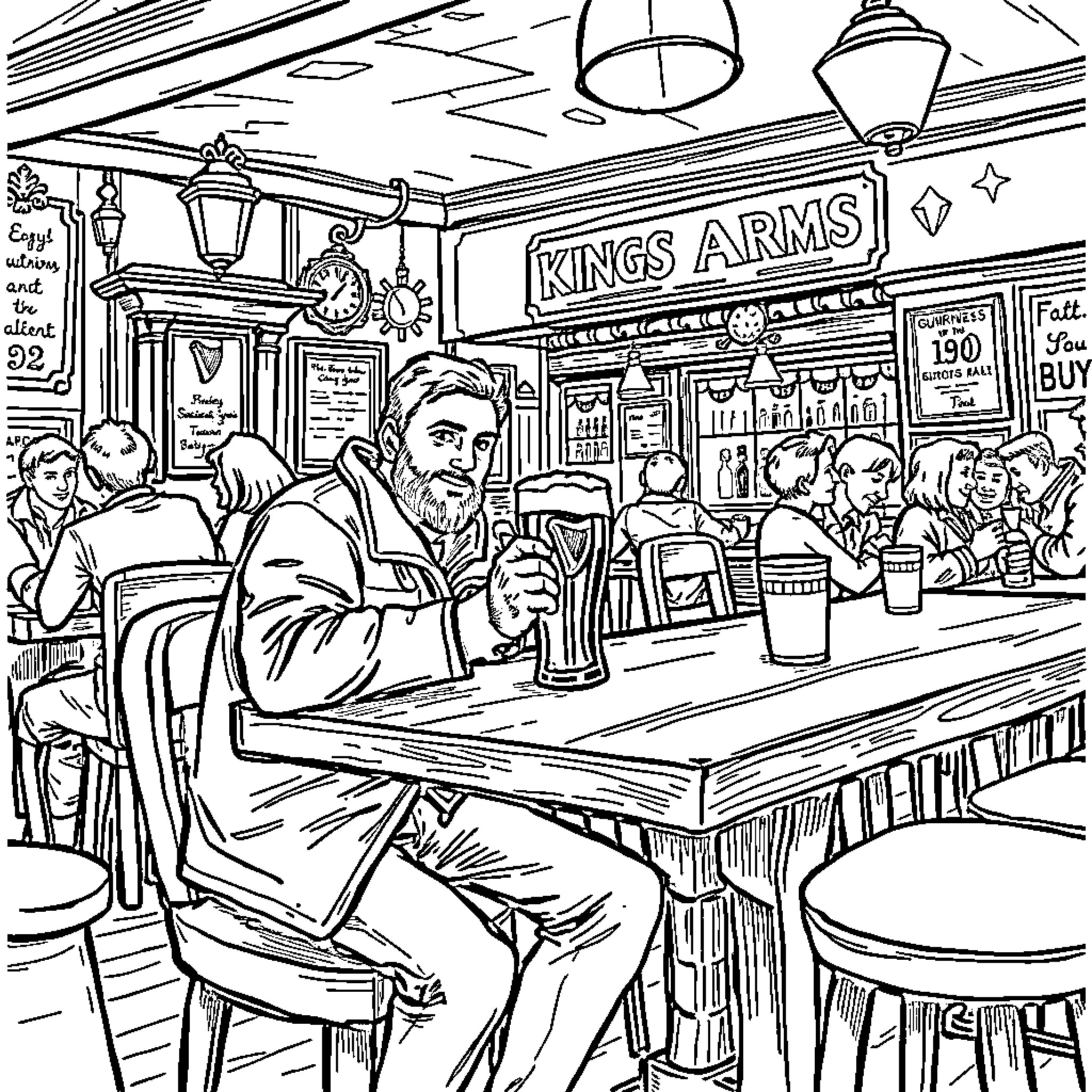 Bluey enjoying a pint at the local pub Coloring Page (free black-and-white line drawing printable PDF for all, from beginners to advanced learners, including children, teens, adults, and seniors)