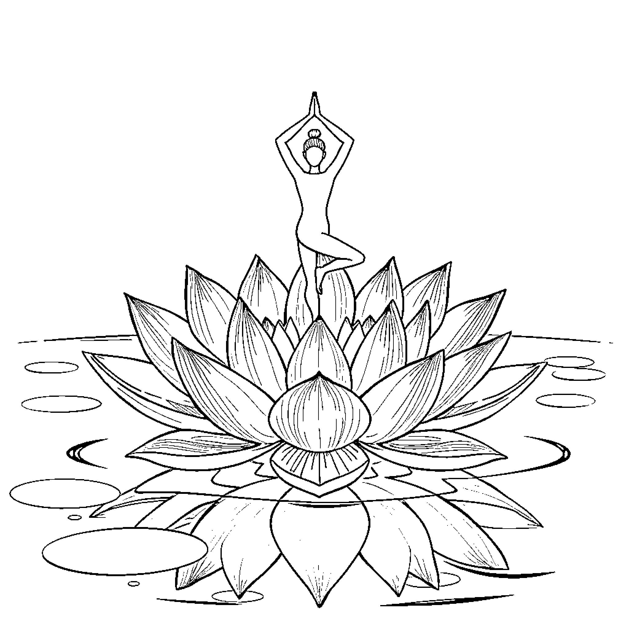 Person practicing yoga on a lotus flower Coloring Page (free black-and-white line drawing printable PDF for all, from beginners to advanced learners, including children, teens, adults, and seniors)