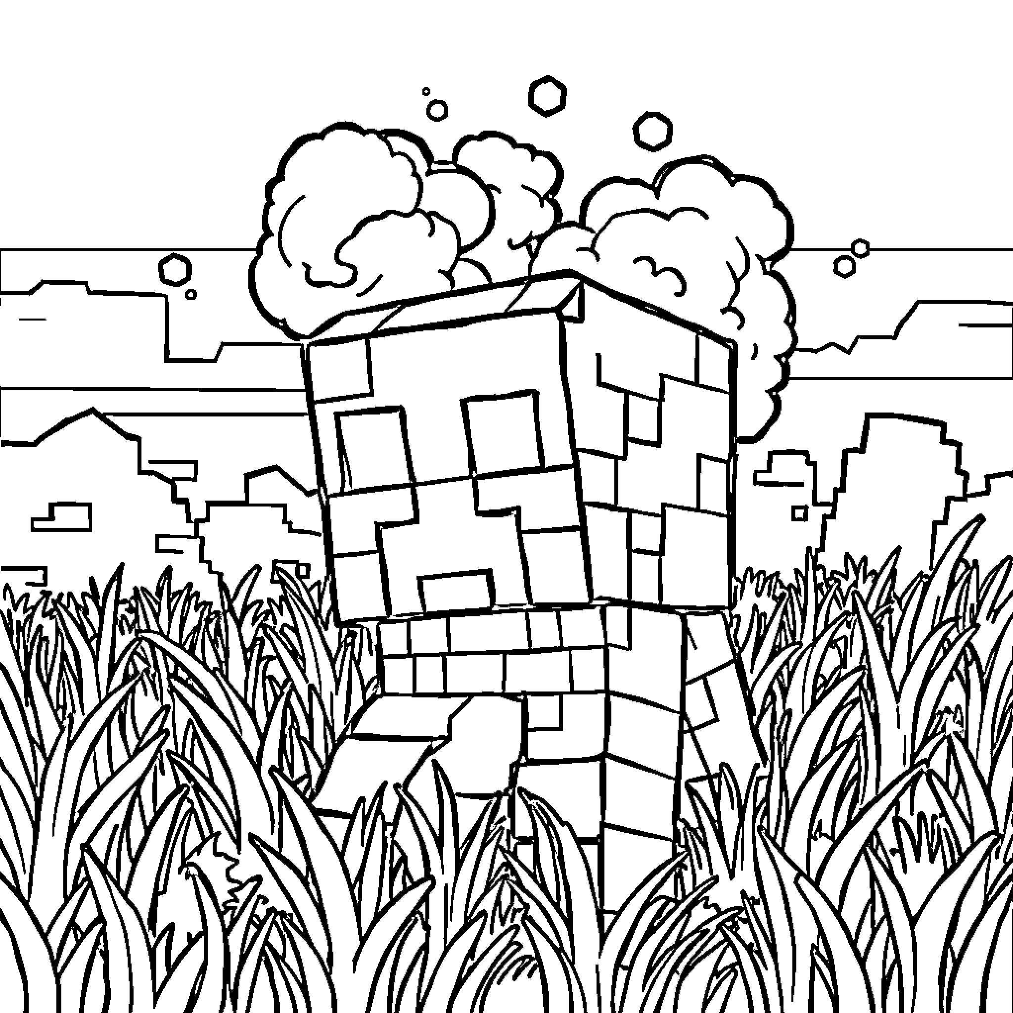 Creeper exploring the grassy landscape Coloring Page (free black-and-white line drawing printable PDF for all, from beginners to advanced learners, including children, teens, adults, and seniors)