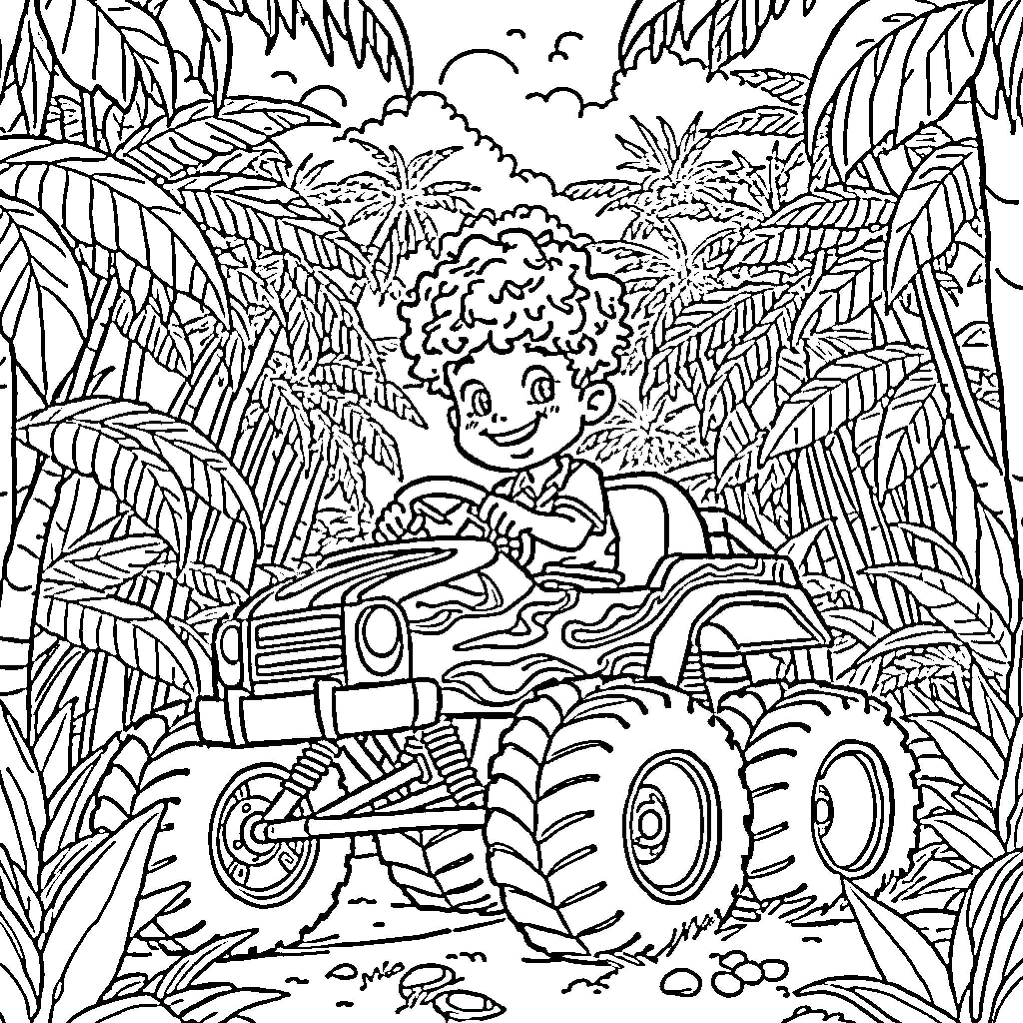 Kid Driving Jeep Through Jungle Landscape Coloring Page (free black-and-white line drawing printable PDF for all, from beginners to advanced learners, including children, teens, adults, and seniors)
