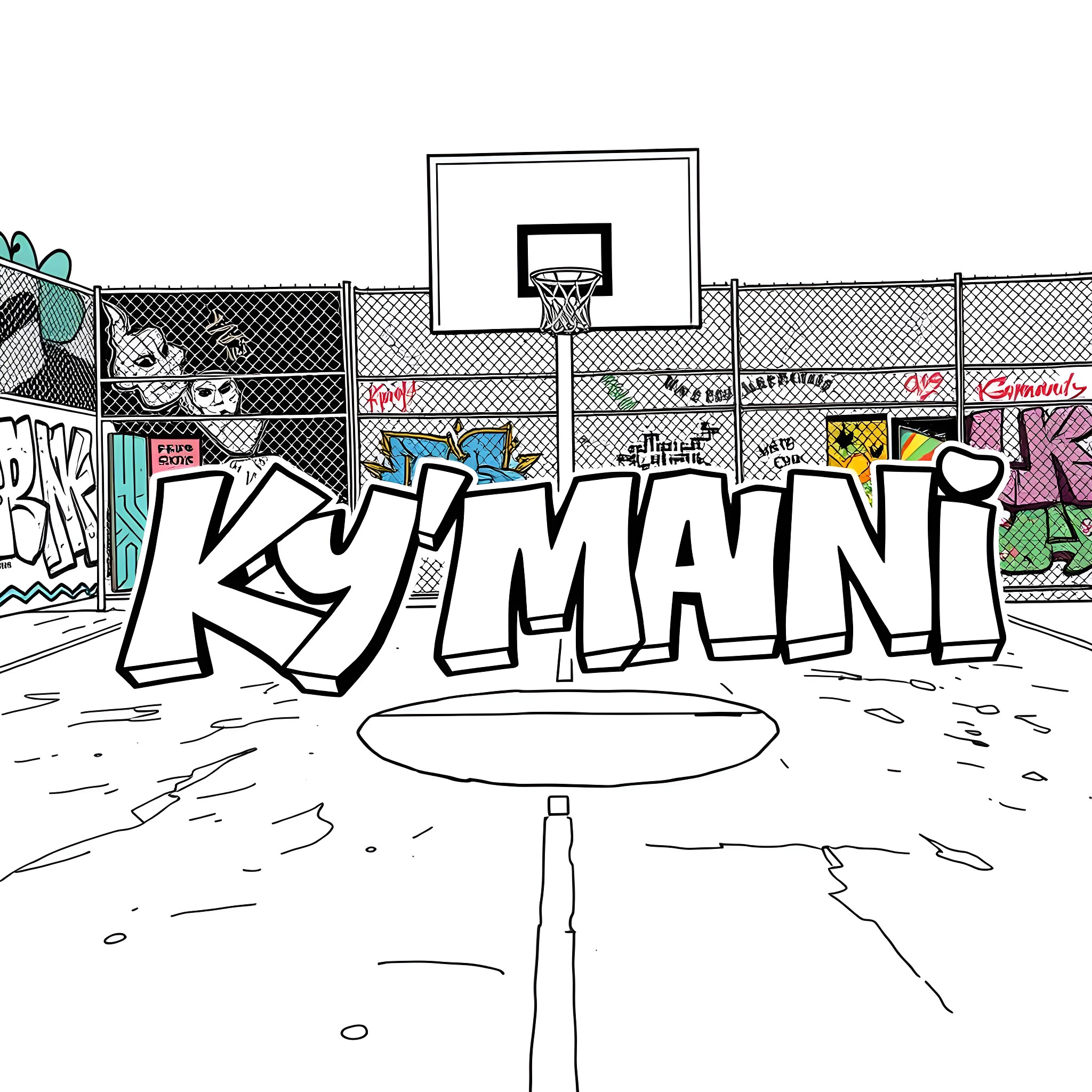 Ky'mani playing basketball on the court Coloring Page (free black-and-white line drawing printable PDF for all, from beginners to advanced learners, including children, teens, adults, and seniors)
