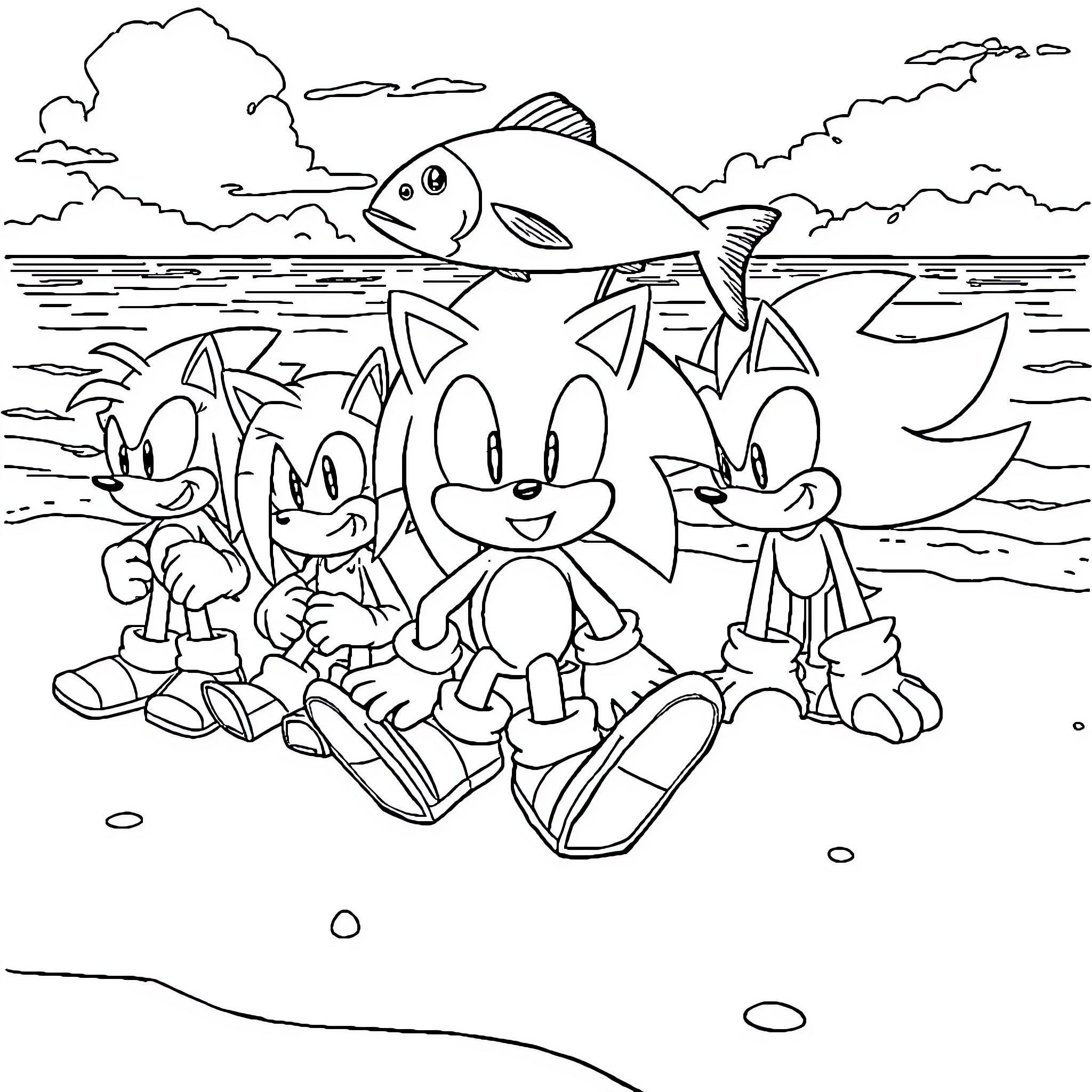 Sonic and friends exploring underwater scenery Coloring Page (free black-and-white line drawing printable PDF for all, from beginners to advanced learners, including children, teens, adults, and seniors)