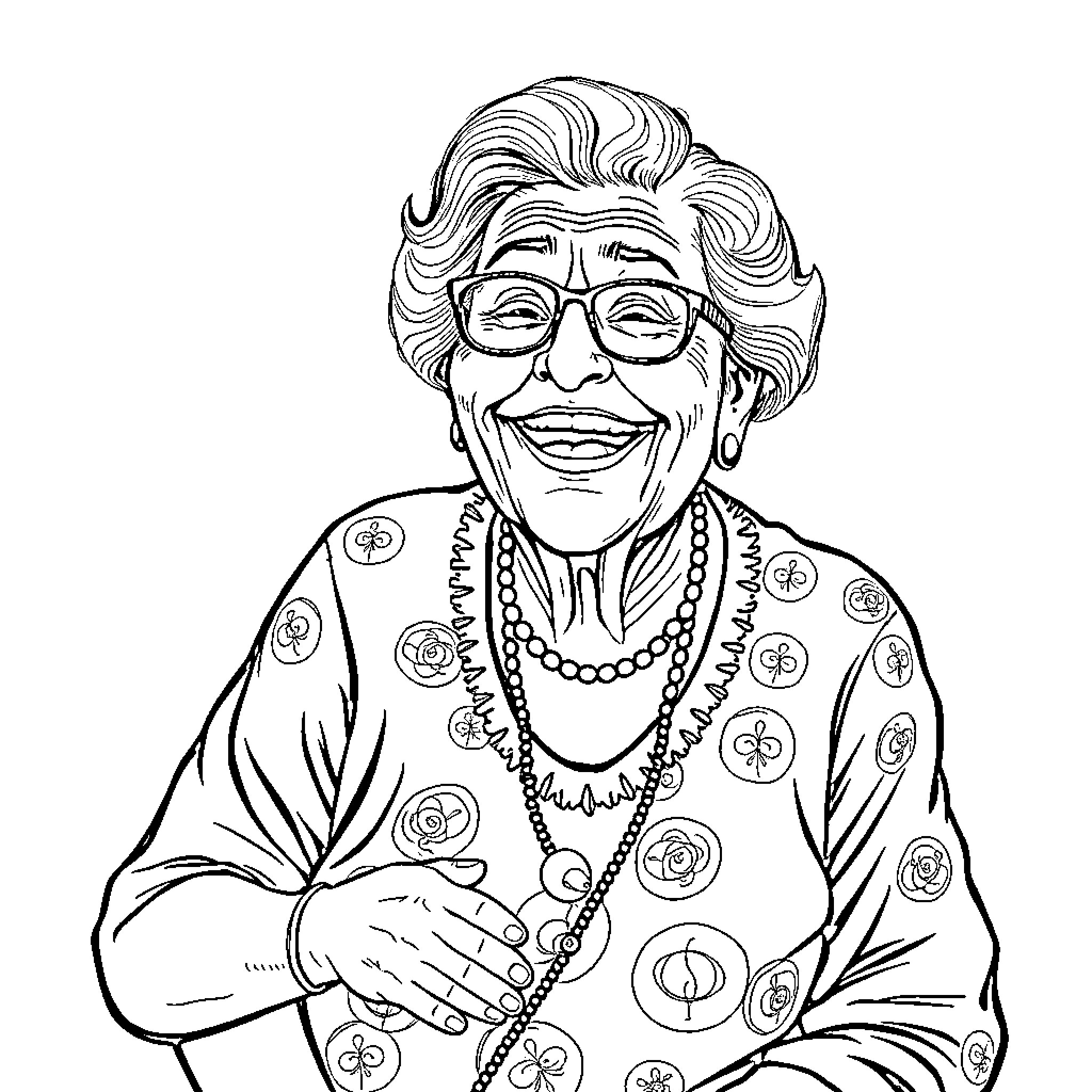 Grandma Smiling Brightly in Floral Attire Coloring Page (free black-and-white line drawing printable PDF for all, from beginners to advanced learners, including children, teens, adults, and seniors)