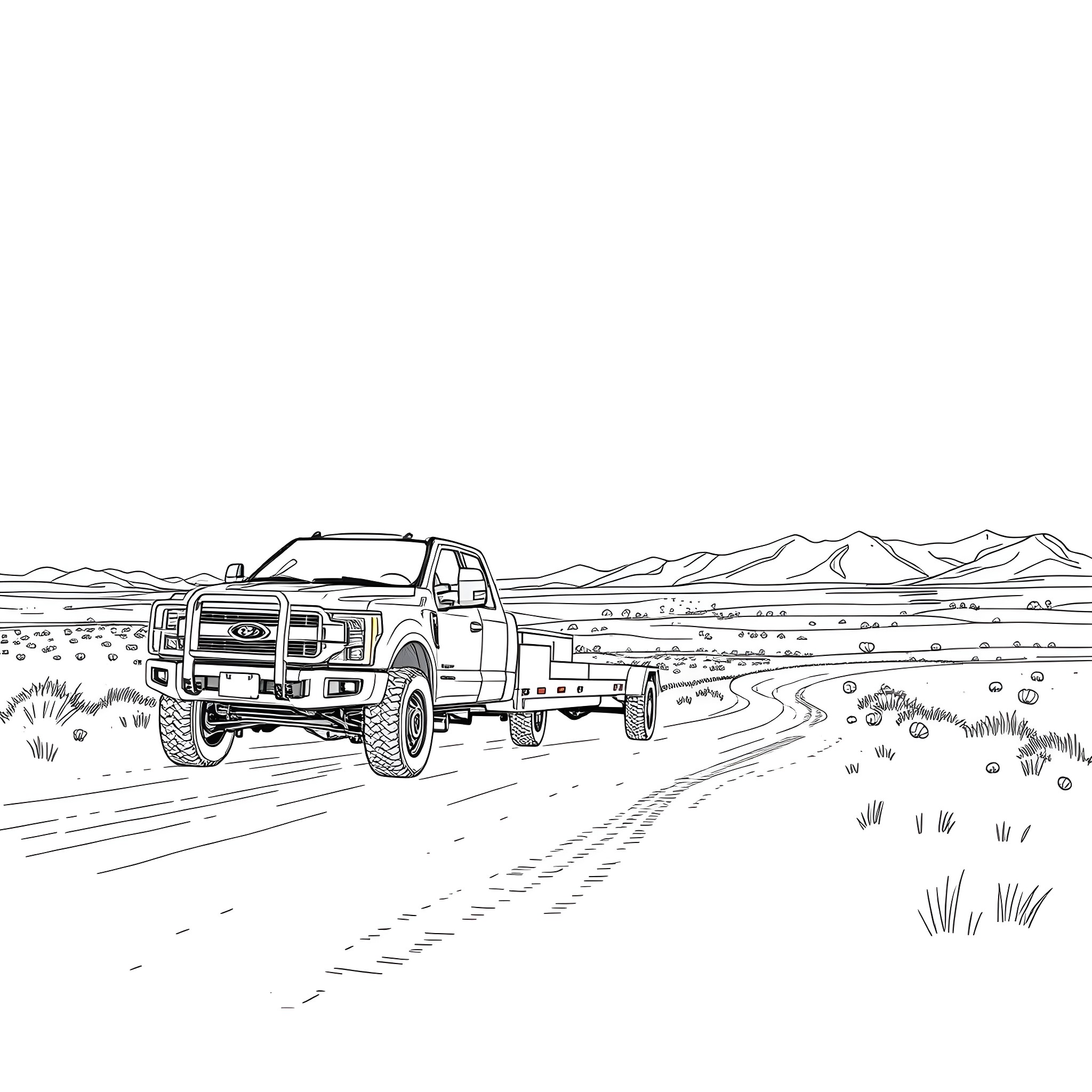 Pickup Truck Hauling Trailer on Rugged Countryside Road Coloring Page (free black-and-white line drawing printable PDF for all, from beginners to advanced learners, including children, teens, adults, and seniors)