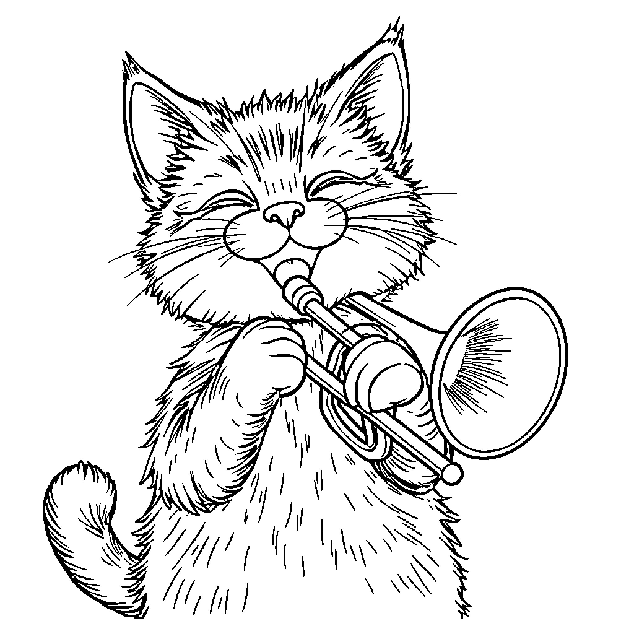 Cat playing with a Trumpet Coloring Page (free black-and-white line drawing printable PDF for all, from beginners to advanced learners, including children, teens, adults, and seniors)