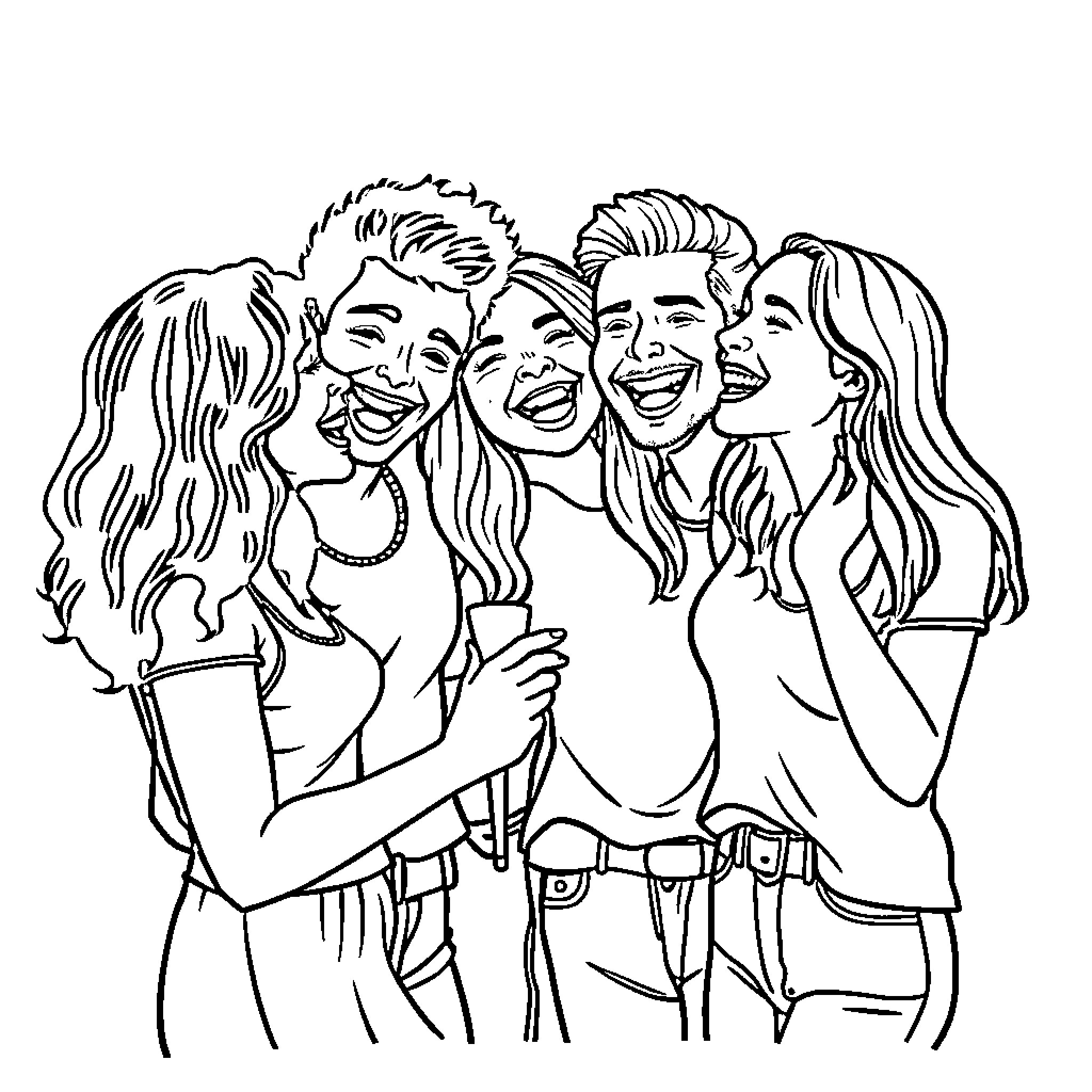 Friend Laughing Joyfully with Companions Coloring Page (free black-and-white line drawing printable PDF for all, from beginners to advanced learners, including children, teens, adults, and seniors)