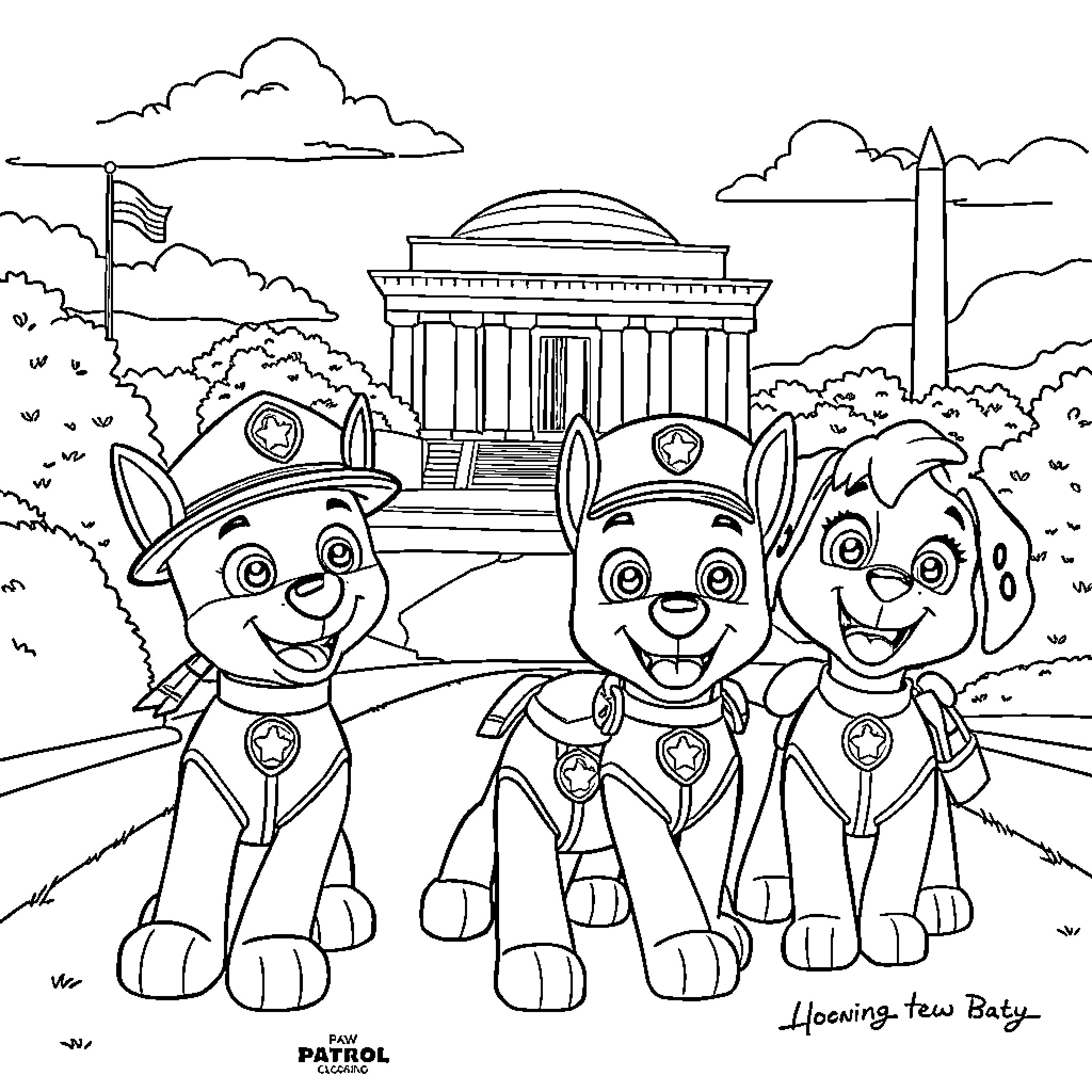 Paw Patrol exploring a historic landmark Coloring Page (free black-and-white line drawing printable PDF for all, from beginners to advanced learners, including children, teens, adults, and seniors)