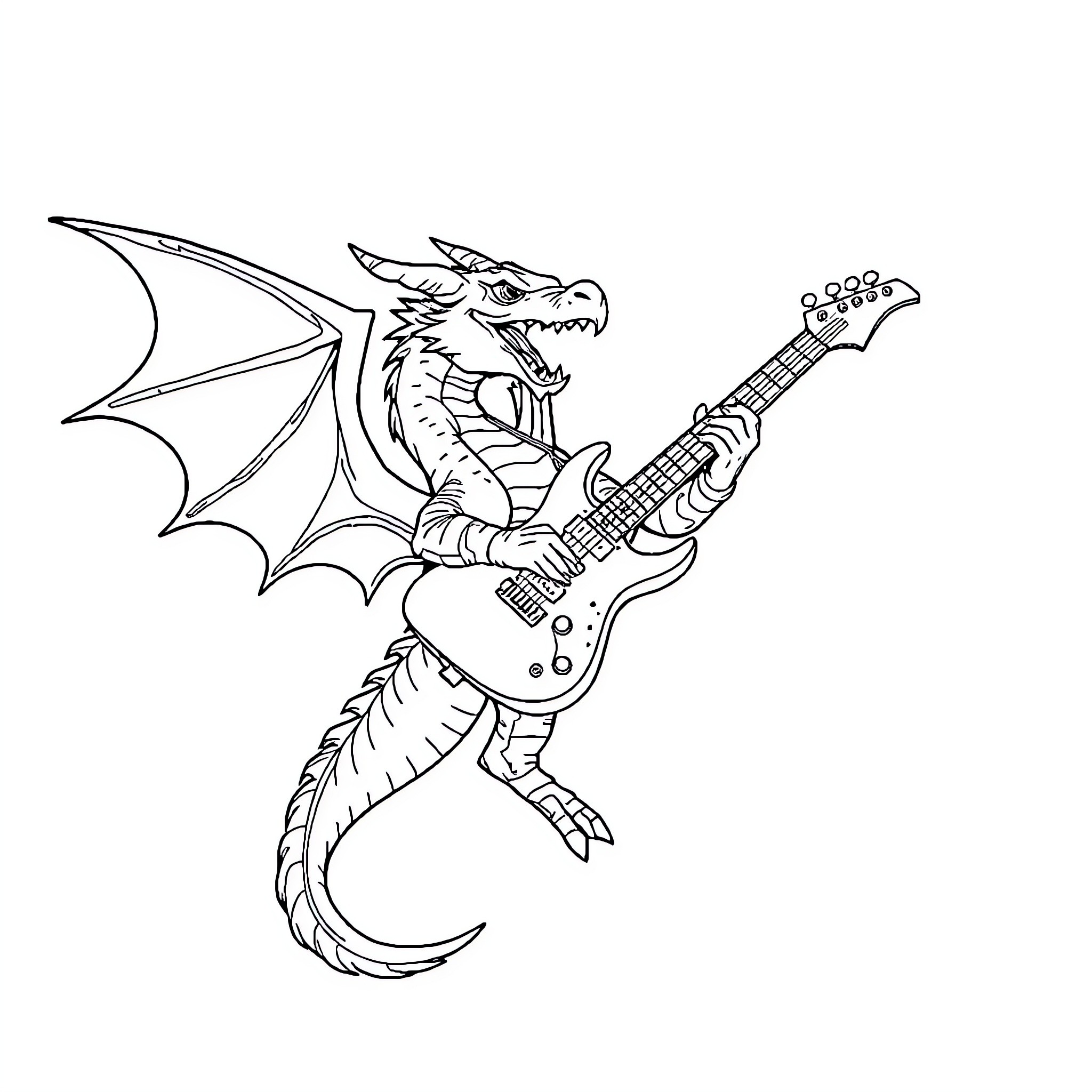 Dragon playing electric guitar with wings Coloring Page (free black-and-white line drawing printable PDF for all, from beginners to advanced learners, including children, teens, adults, and seniors)