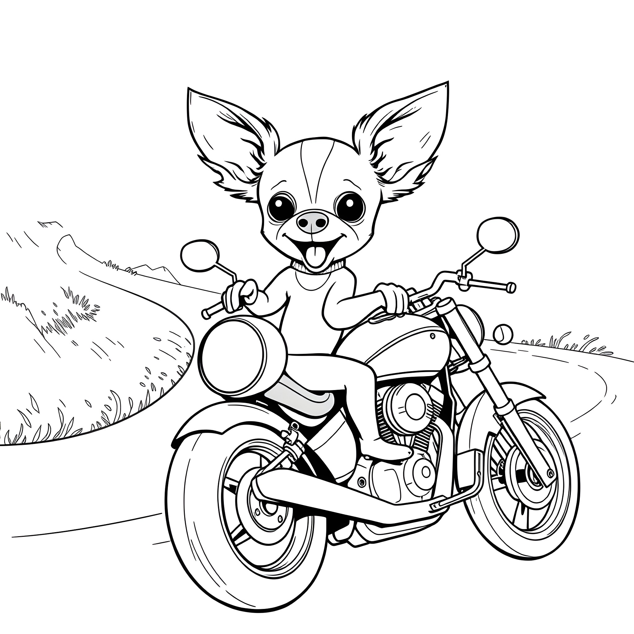 Chihuahua riding a motorcycle on the road Coloring Page (free black-and-white line drawing printable PDF for all, from beginners to advanced learners, including children, teens, adults, and seniors)