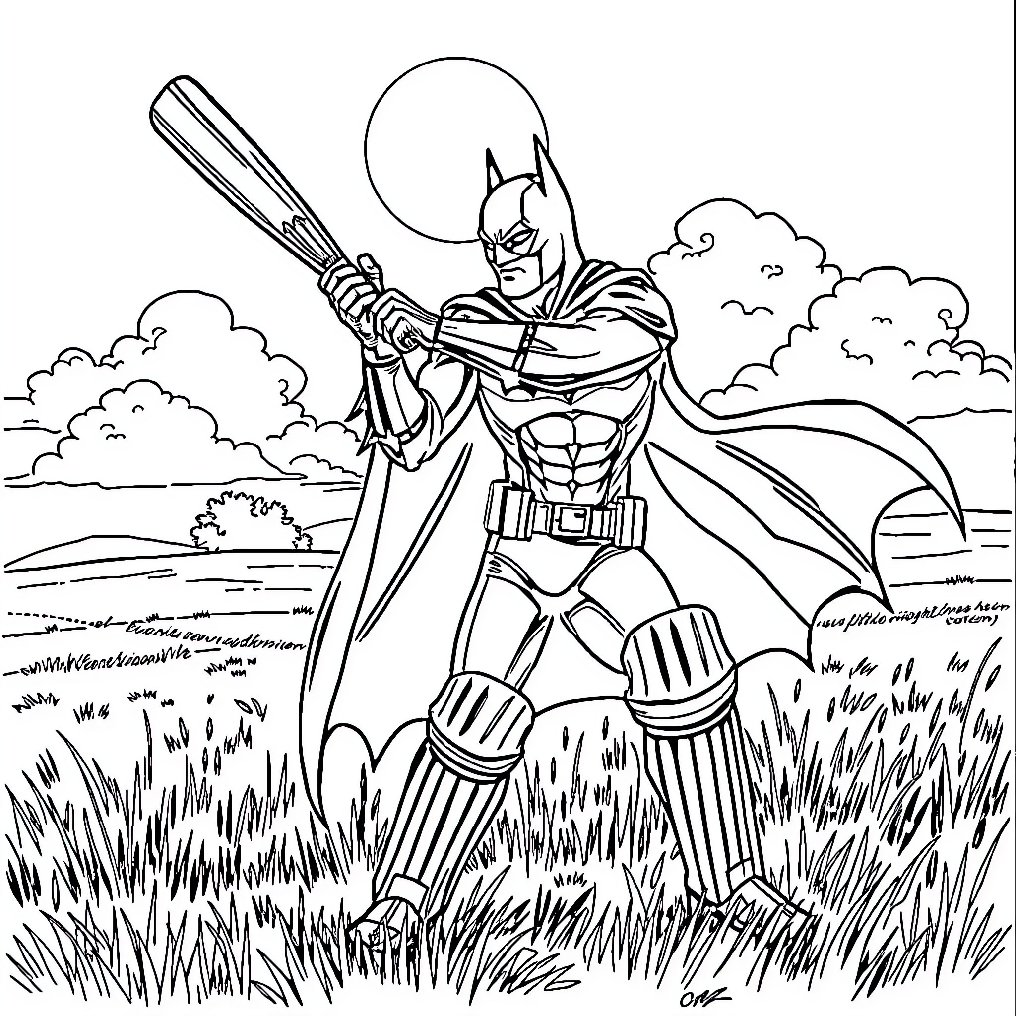 Batman fighting in a dramatic night scene Coloring Page (free black-and-white line drawing printable PDF for all, from beginners to advanced learners, including children, teens, adults, and seniors)