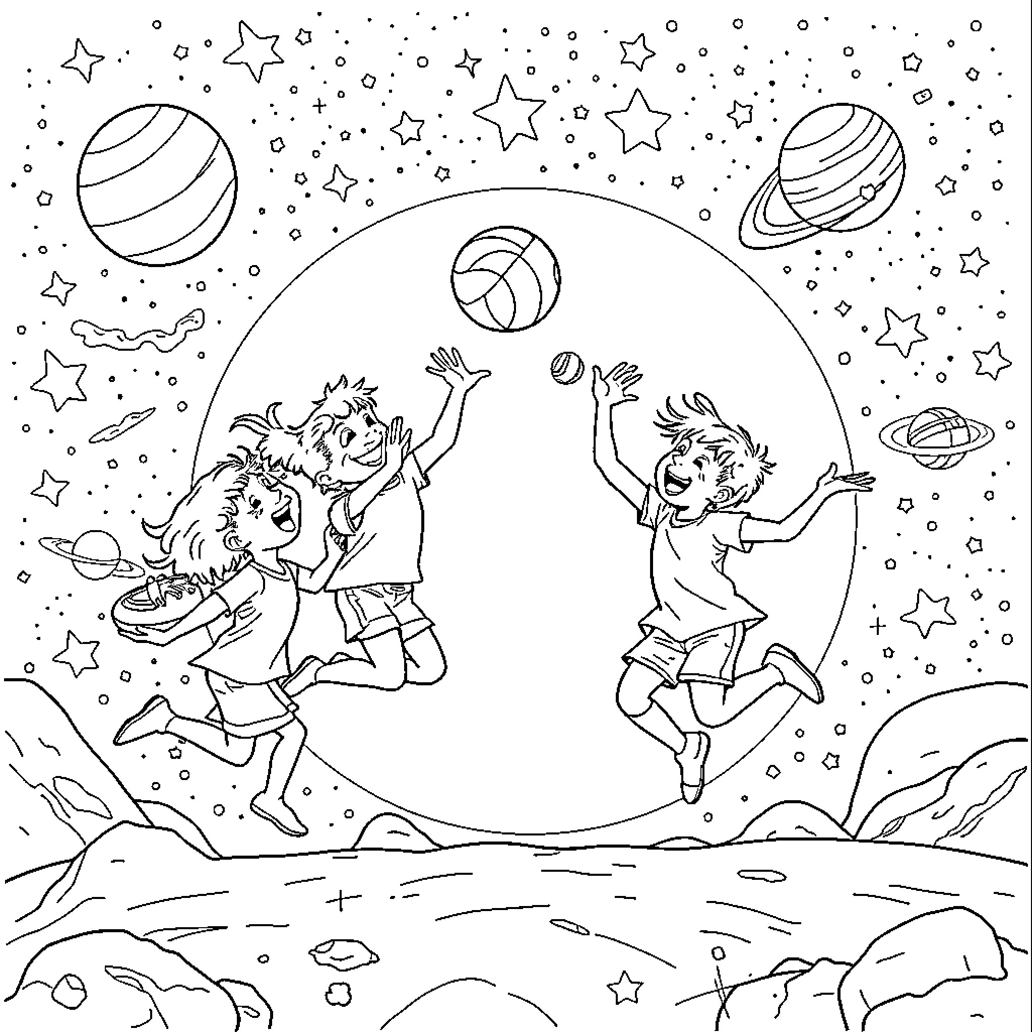 Kid playing with ball in space-themed scene Coloring Page (free black-and-white line drawing printable PDF for all, from beginners to advanced learners, including children, teens, adults, and seniors)