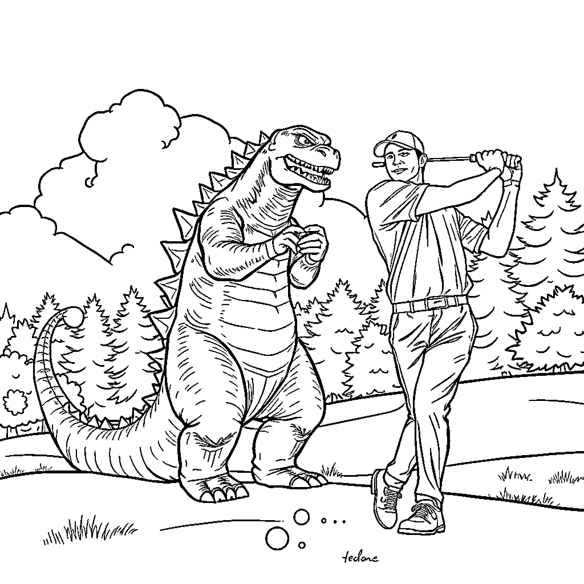 Godzilla encounters a brave explorer in the wild Coloring Page (free black-and-white line drawing printable PDF for all, from beginners to advanced learners, including children, teens, adults, and seniors)