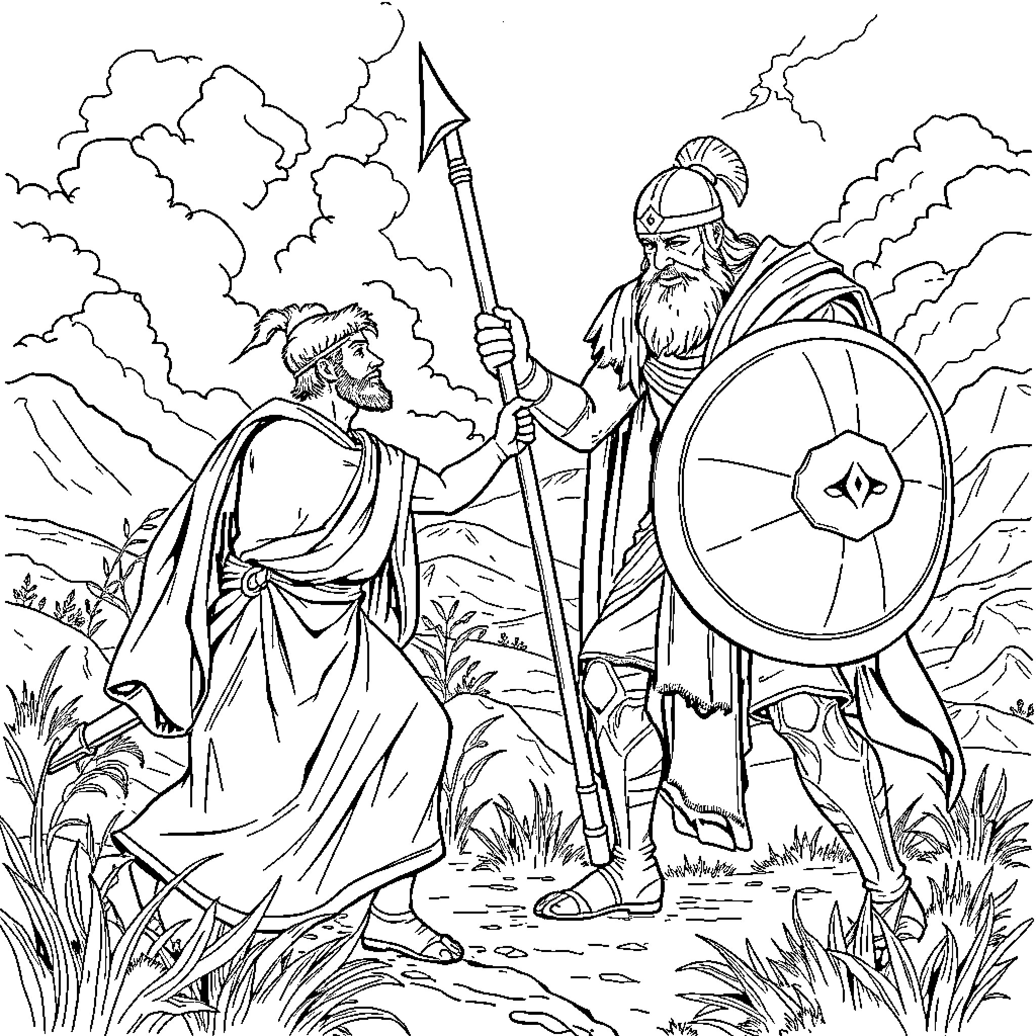 David and the Warrior Confronting the Enemy Coloring Page (free black-and-white line drawing printable PDF for all, from beginners to advanced learners, including children, teens, adults, and seniors)