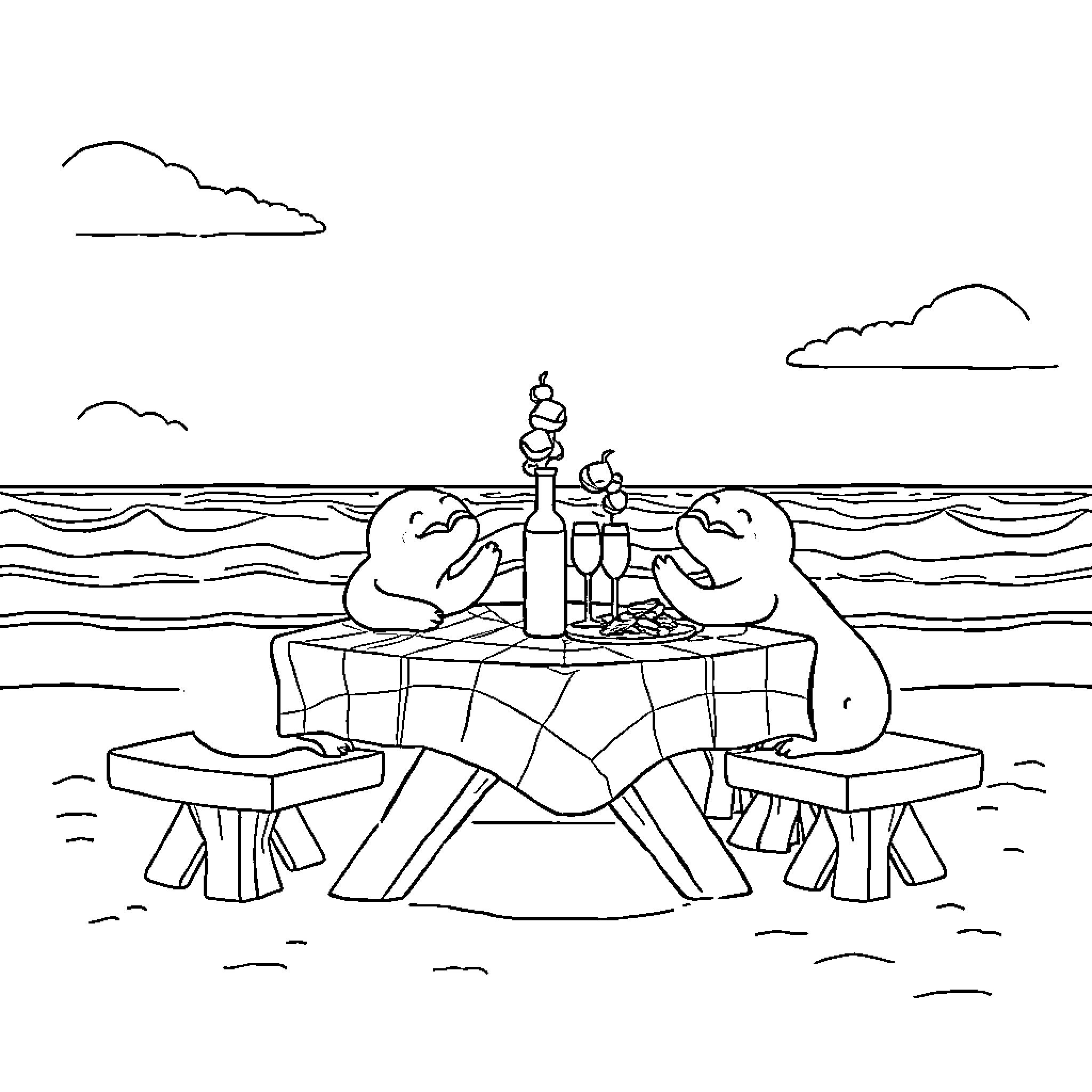 Bean enjoying a seaside picnic with friends Coloring Page (free black-and-white line drawing printable PDF for all, from beginners to advanced learners, including children, teens, adults, and seniors)