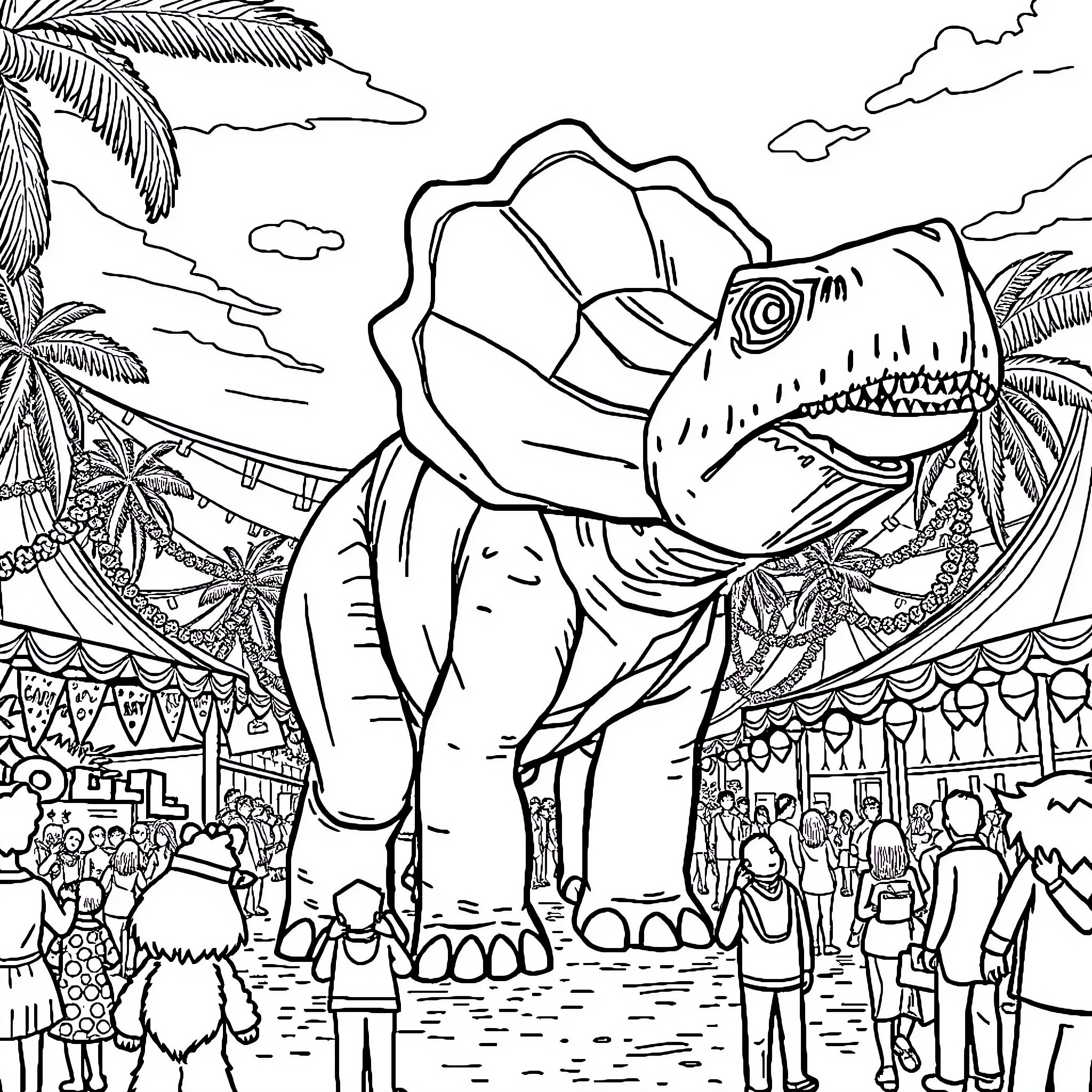 Triceratops visiting a lively festival Coloring Page (free black-and-white line drawing printable PDF for all, from beginners to advanced learners, including children, teens, adults, and seniors)