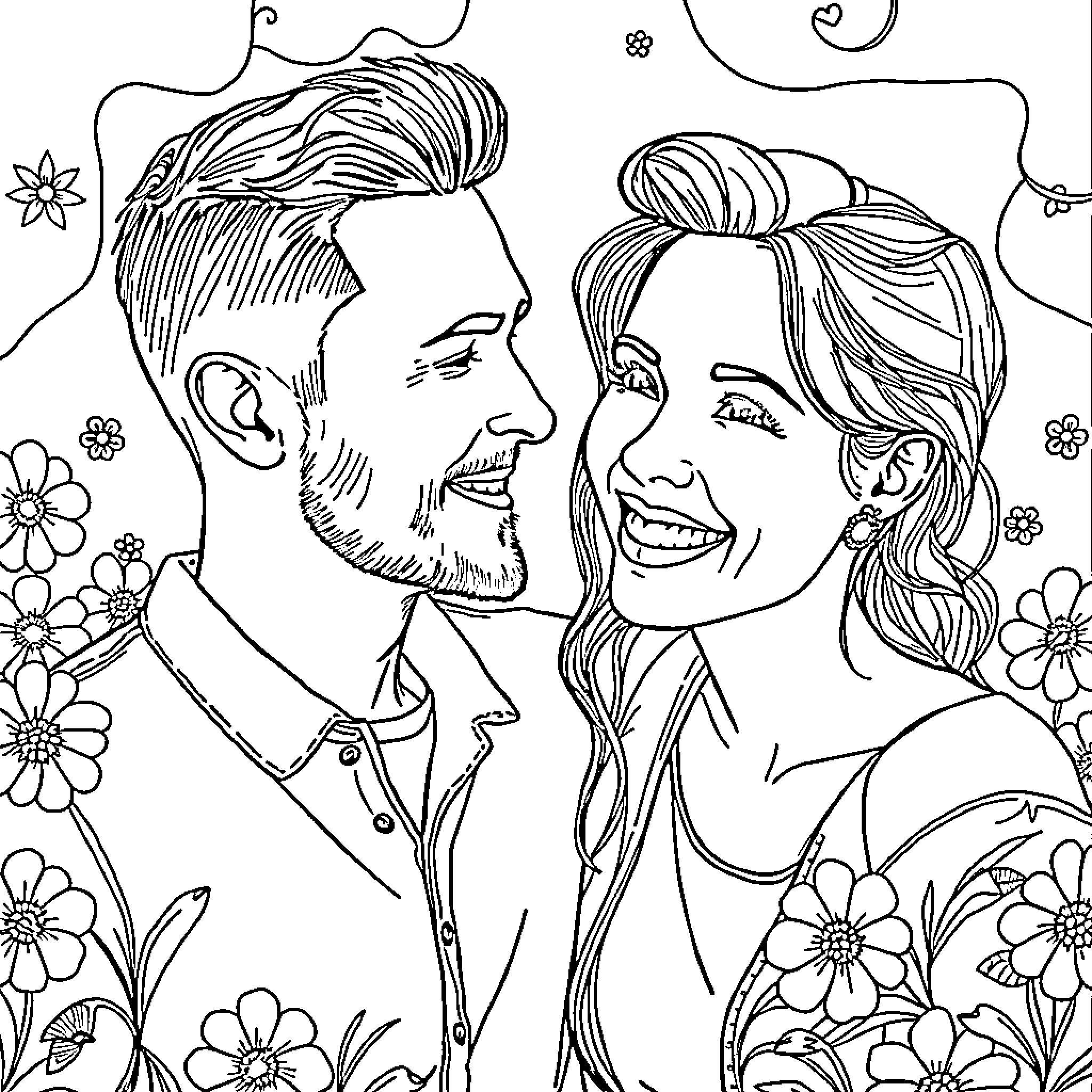 Boyfriend sharing a tender moment with his partner Coloring Page (free black-and-white line drawing printable PDF for all, from beginners to advanced learners, including children, teens, adults, and seniors)