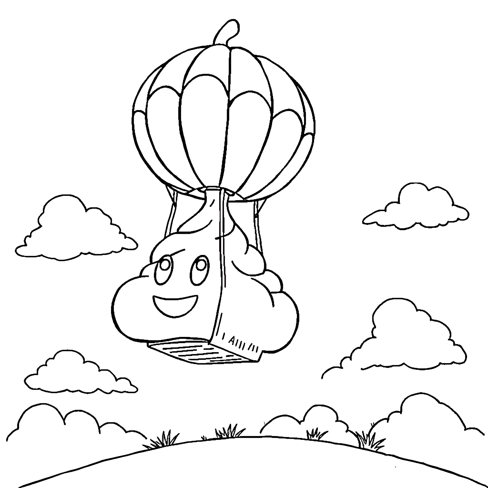 Poop floating joyfully in hot air balloon Coloring Page (free black-and-white line drawing printable PDF for all, from beginners to advanced learners, including children, teens, adults, and seniors)