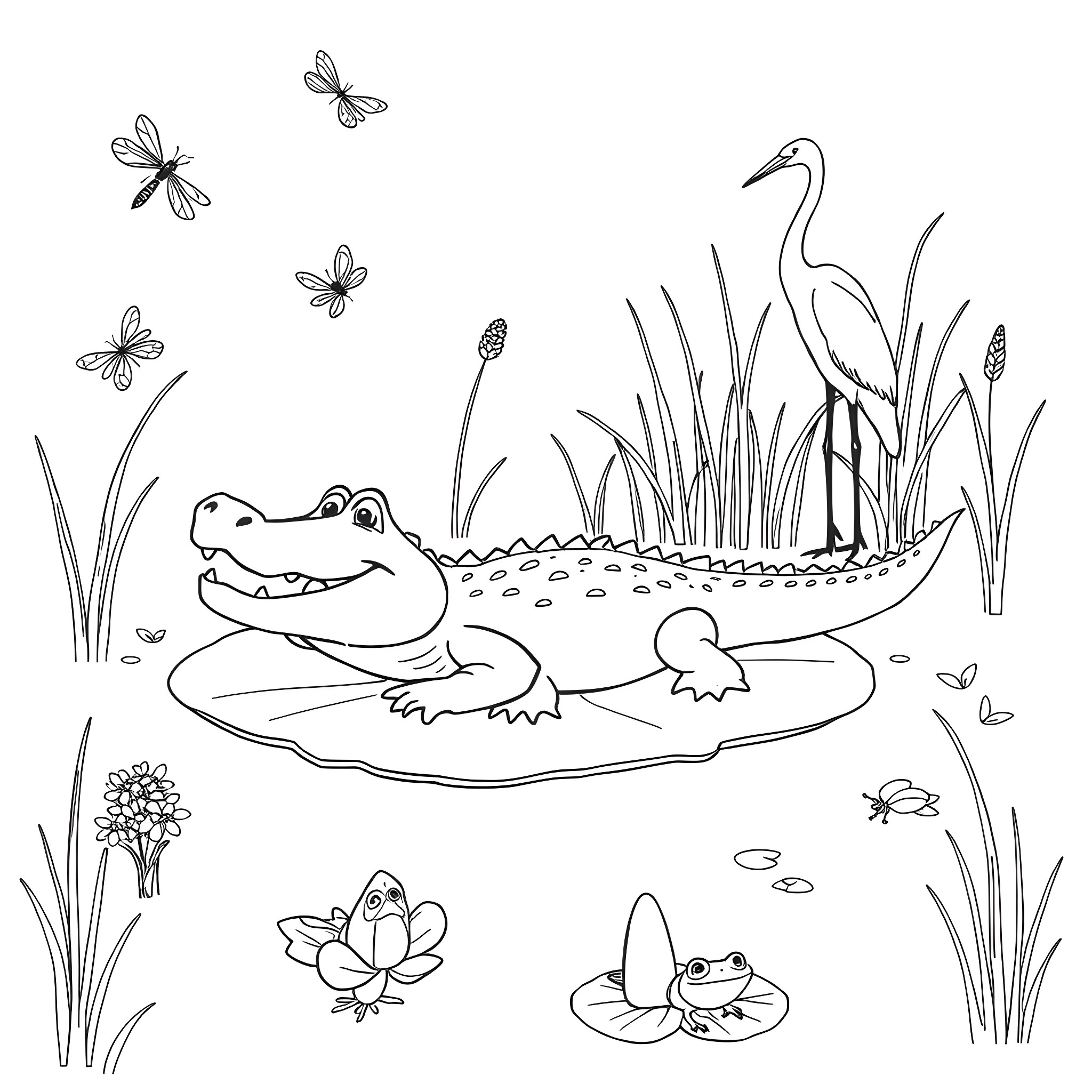 Alligator lounging in the marsh with birds and butterflies Coloring Page (free black-and-white line drawing printable PDF for all, from beginners to advanced learners, including children, teens, adults, and seniors)